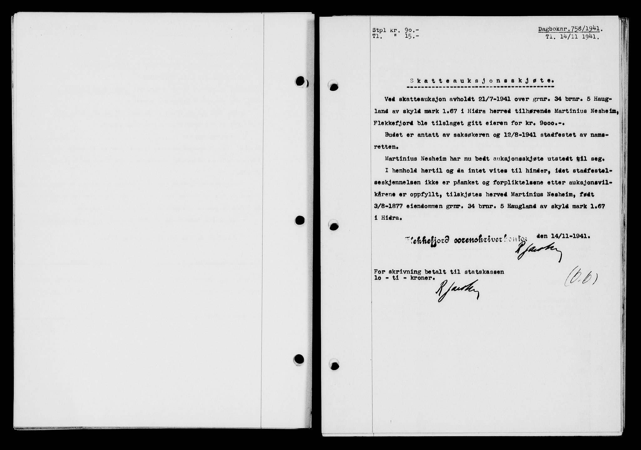 Flekkefjord sorenskriveri, SAK/1221-0001/G/Gb/Gba/L0057: Mortgage book no. A-5, 1941-1942, Diary no: : 758/1941