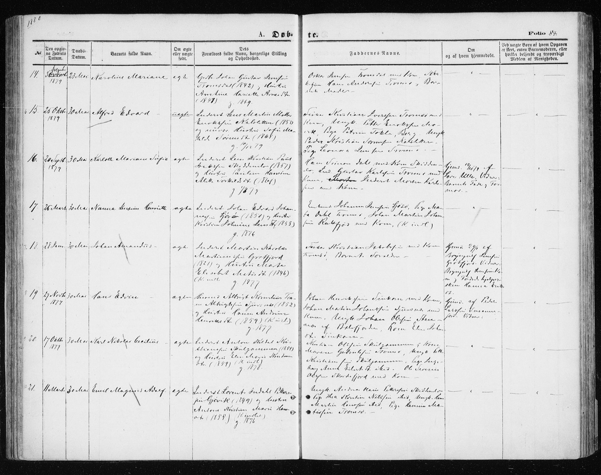 Tromsøysund sokneprestkontor, AV/SATØ-S-1304/G/Ga/L0003kirke: Parish register (official) no. 3, 1875-1880, p. 84