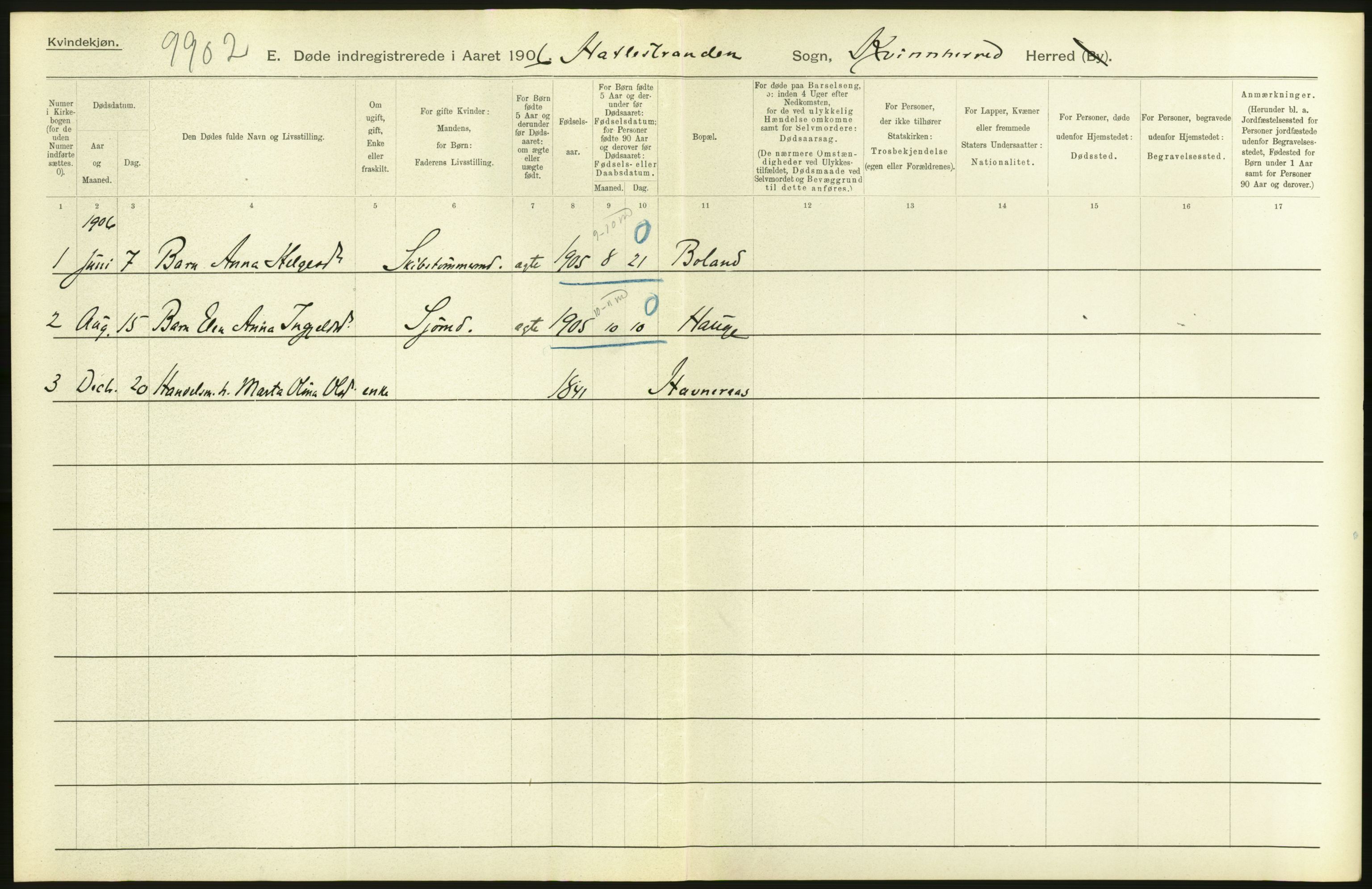 Statistisk sentralbyrå, Sosiodemografiske emner, Befolkning, AV/RA-S-2228/D/Df/Dfa/Dfad/L0030: S. Bergenhus amt: Døde. Bygder., 1906, p. 174