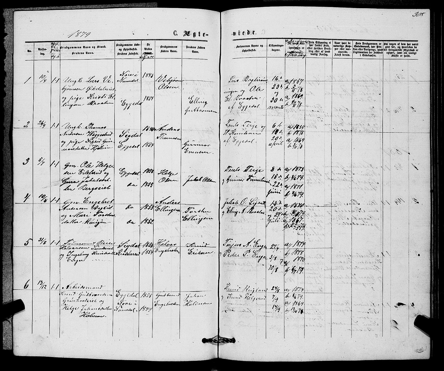 Sigdal kirkebøker, SAKO/A-245/G/Gb/L0002: Parish register (copy) no. II 2, 1875-1900, p. 308