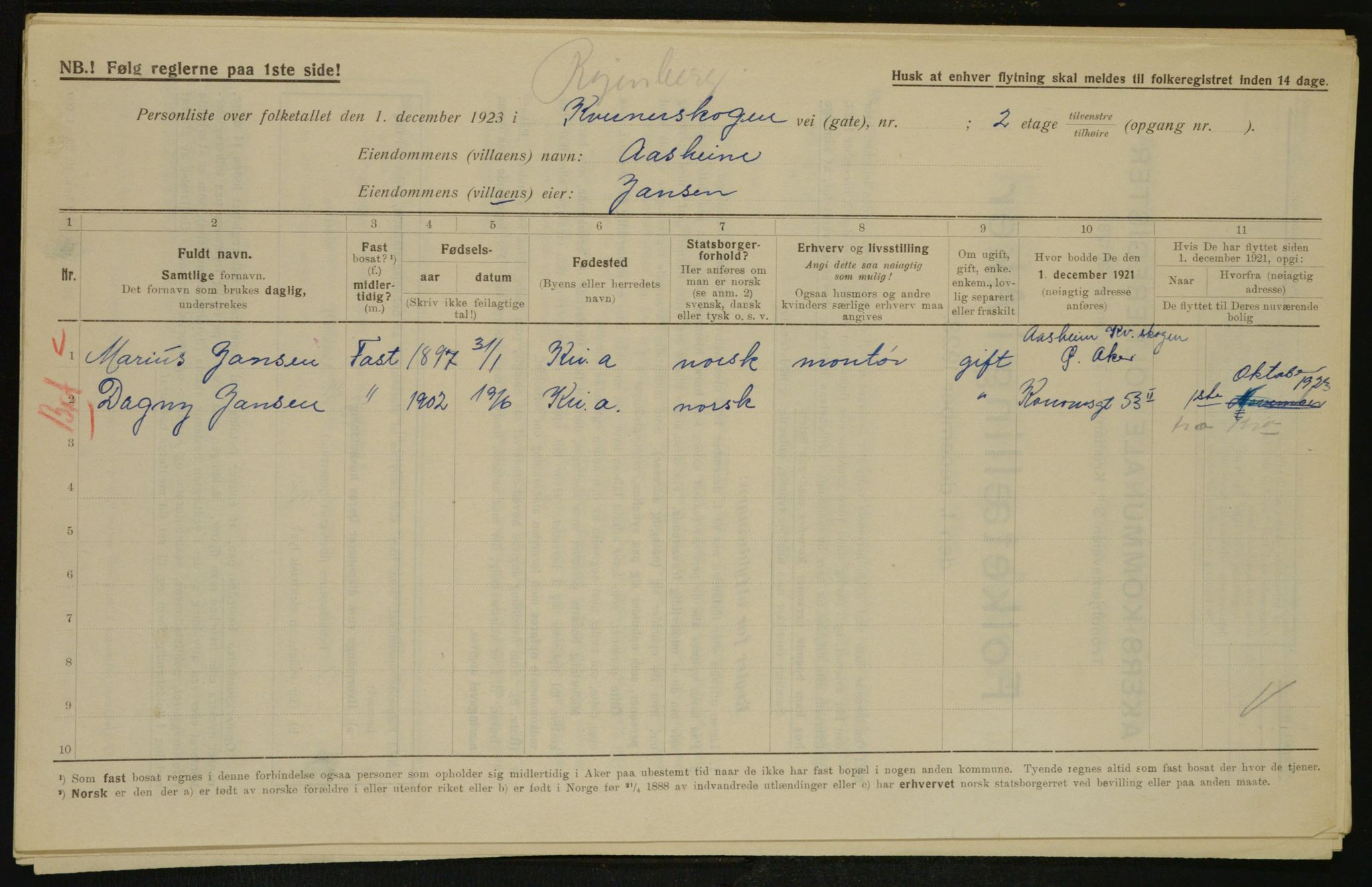 , Municipal Census 1923 for Aker, 1923, p. 29938