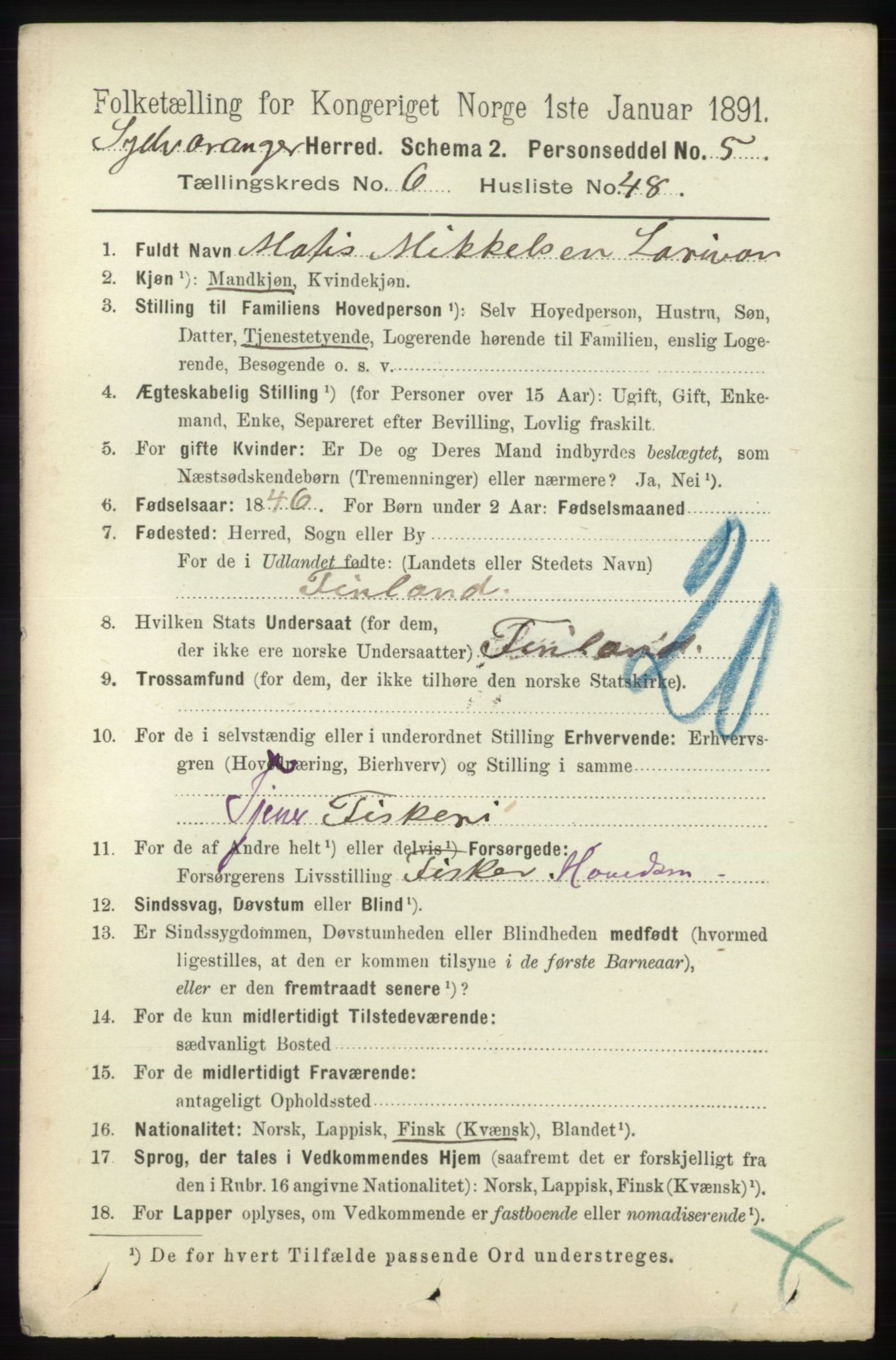 RA, 1891 census for 2030 Sør-Varanger, 1891, p. 2222