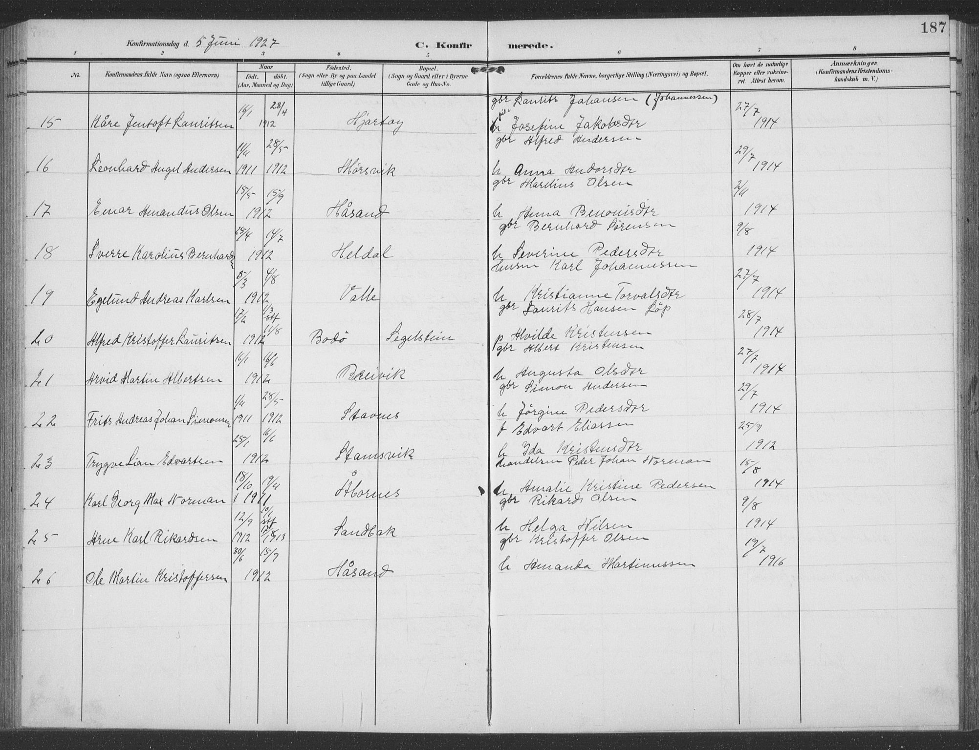 Ministerialprotokoller, klokkerbøker og fødselsregistre - Nordland, AV/SAT-A-1459/858/L0835: Parish register (copy) no. 858C02, 1904-1940, p. 187