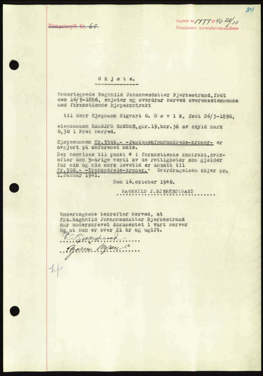 Nordmøre sorenskriveri, SAT/A-4132/1/2/2Ca: Mortgage book no. A89, 1940-1941, Diary no: : 1777/1940