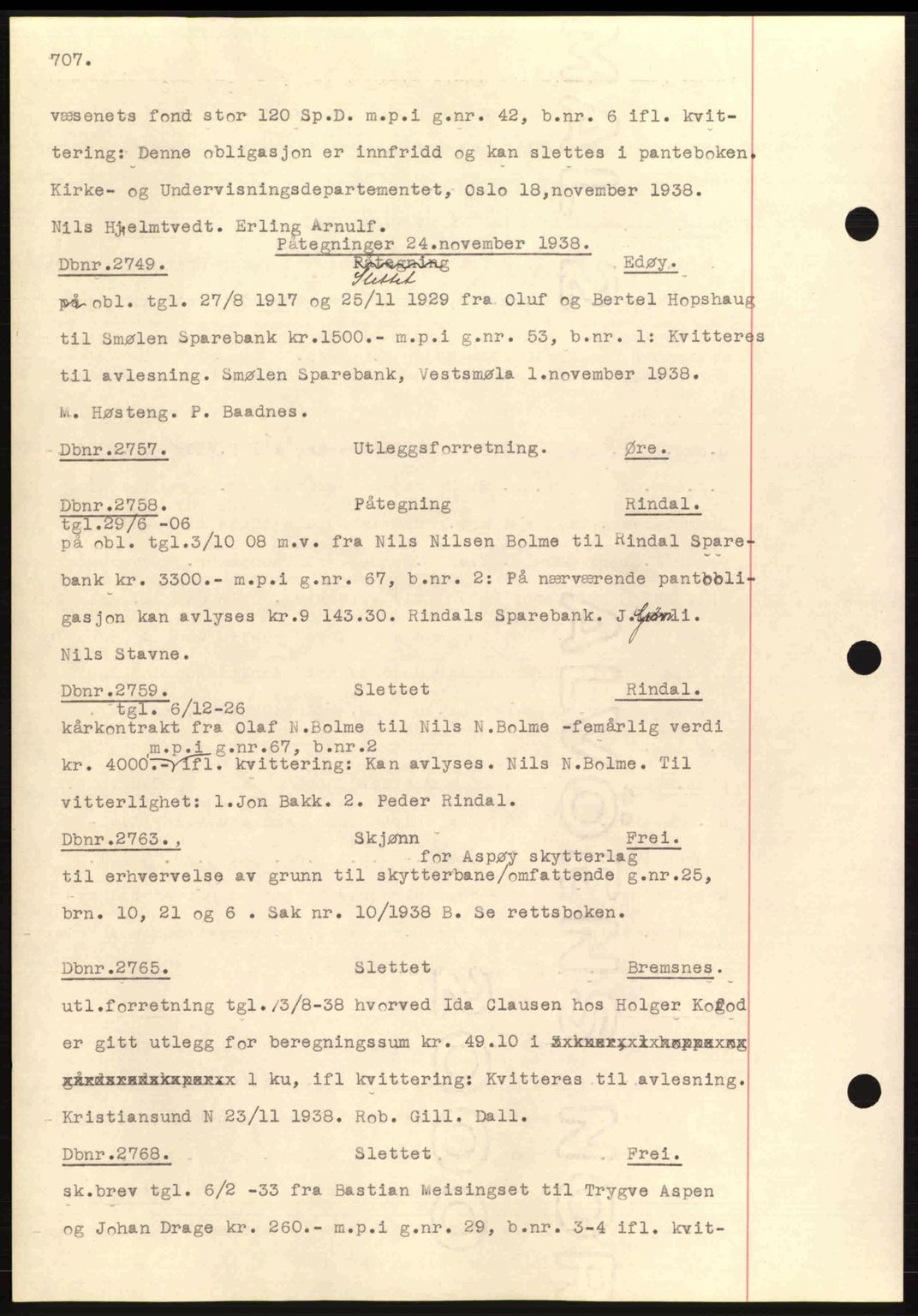 Nordmøre sorenskriveri, AV/SAT-A-4132/1/2/2Ca: Mortgage book no. C80, 1936-1939, Diary no: : 2749/1938