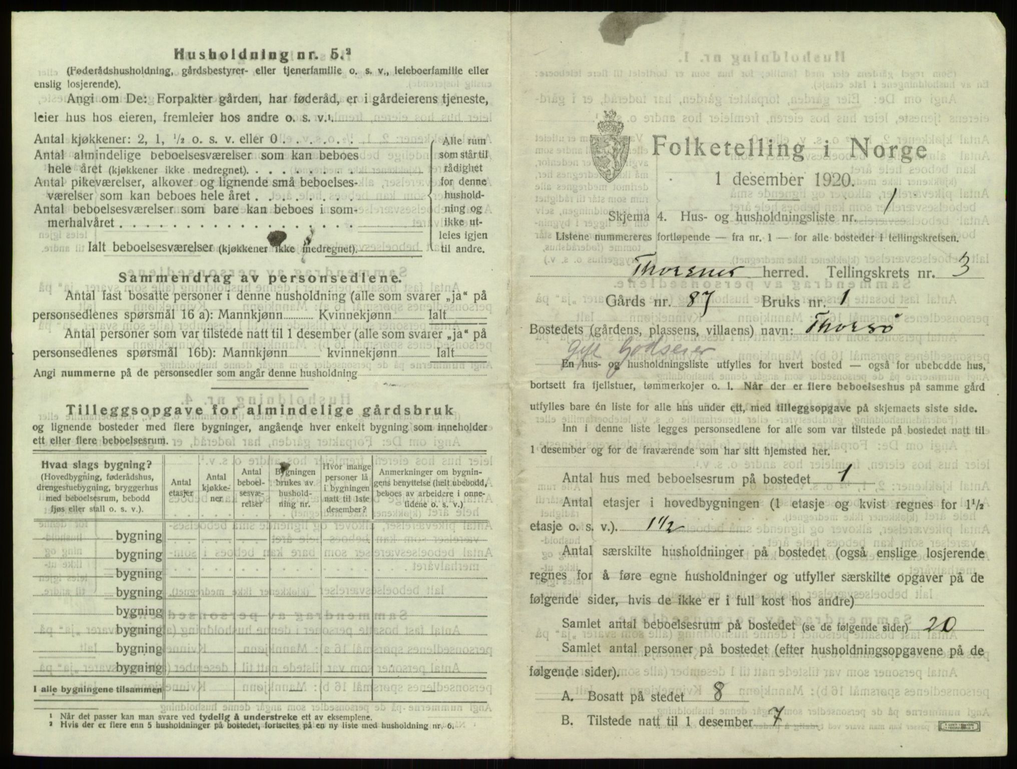 SAO, 1920 census for Torsnes, 1920, p. 395