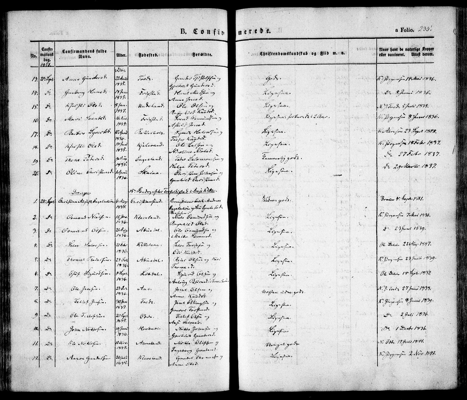 Evje sokneprestkontor, AV/SAK-1111-0008/F/Fa/Faa/L0005: Parish register (official) no. A 5, 1843-1865, p. 235