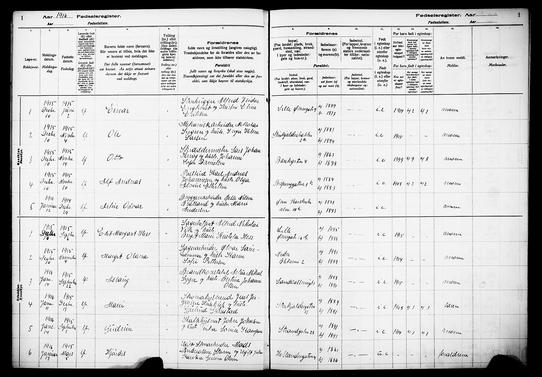 Korskirken sokneprestembete, SAB/A-76101/I/Id/L00A1: Birth register no. A 1, 1916-1929, p. 1