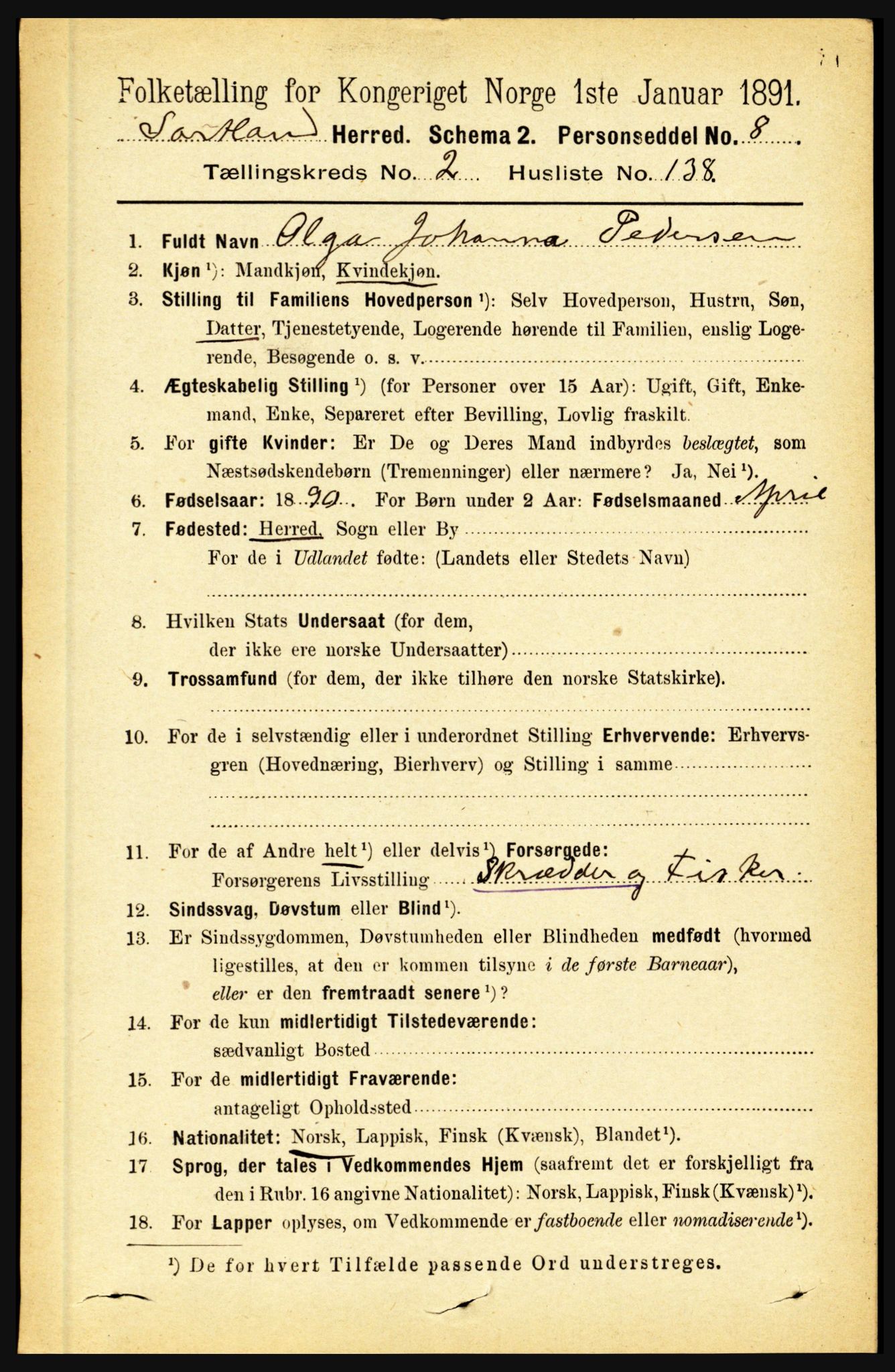 RA, 1891 census for 1870 Sortland, 1891, p. 2052