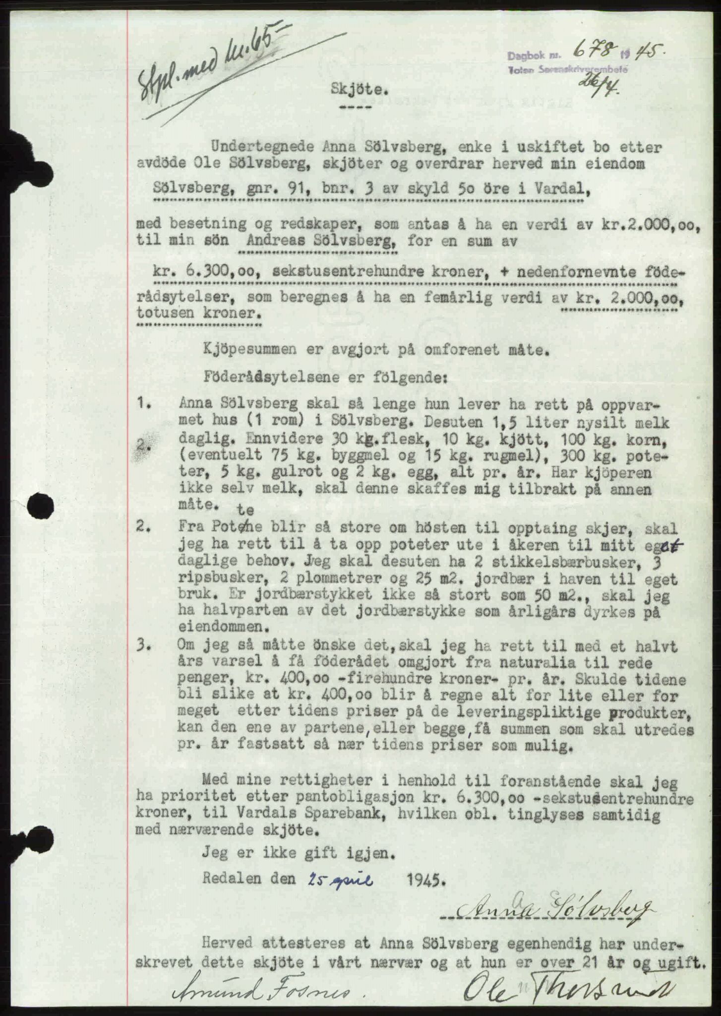 Toten tingrett, SAH/TING-006/H/Hb/Hbc/L0013: Mortgage book no. Hbc-13, 1945-1945, Diary no: : 678/1945