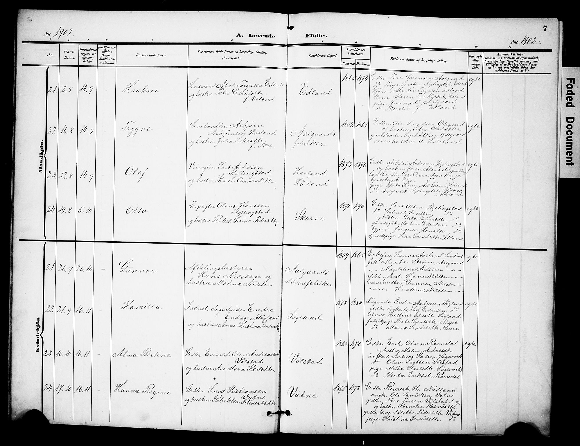 Lye sokneprestkontor, AV/SAST-A-101794/001/30BB/L0009: Parish register (copy) no. B 9, 1902-1923, p. 7