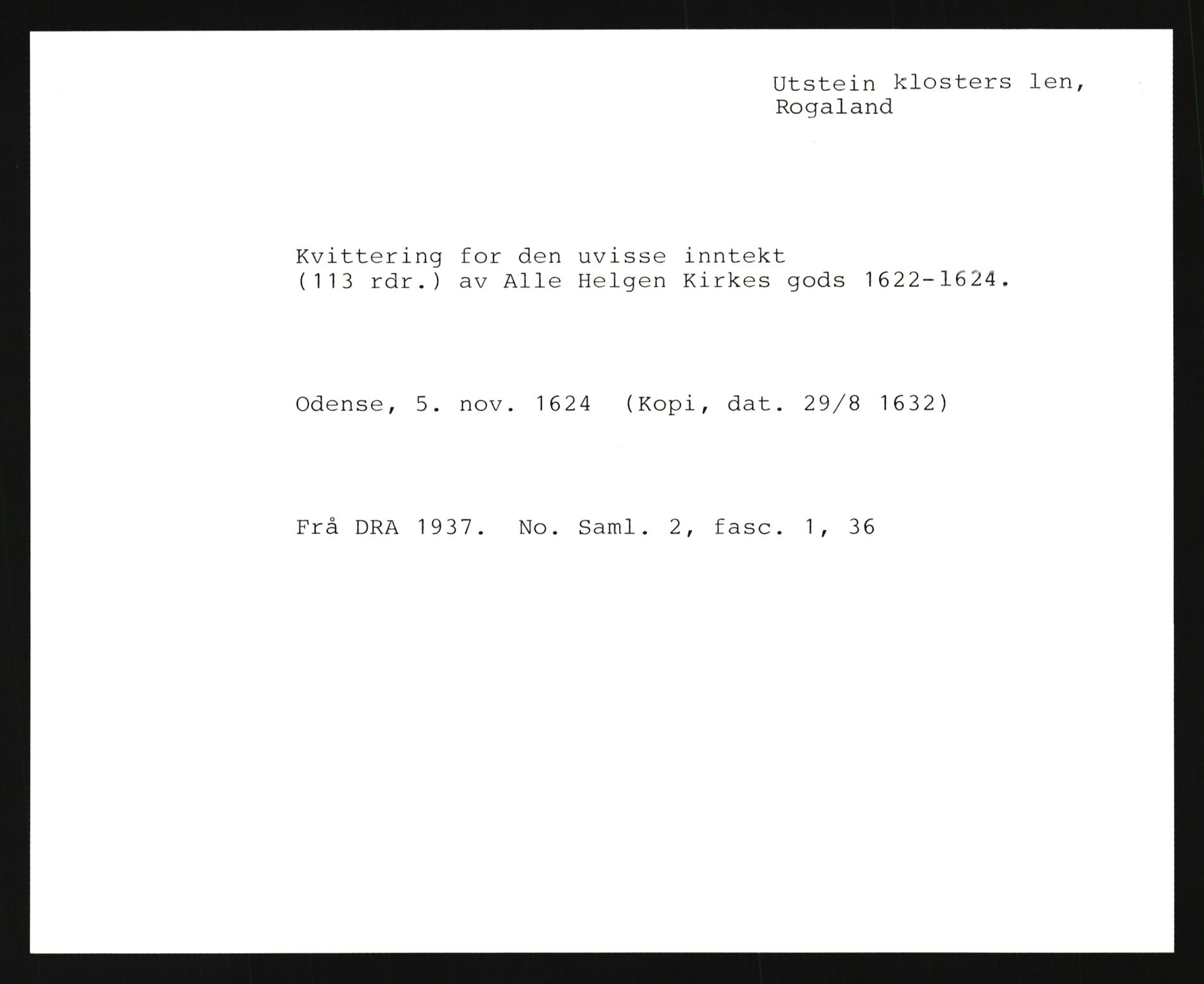 Riksarkivets diplomsamling, AV/RA-EA-5965/F35/F35e/L0027: Registreringssedler Rogaland, 1400-1700, p. 19