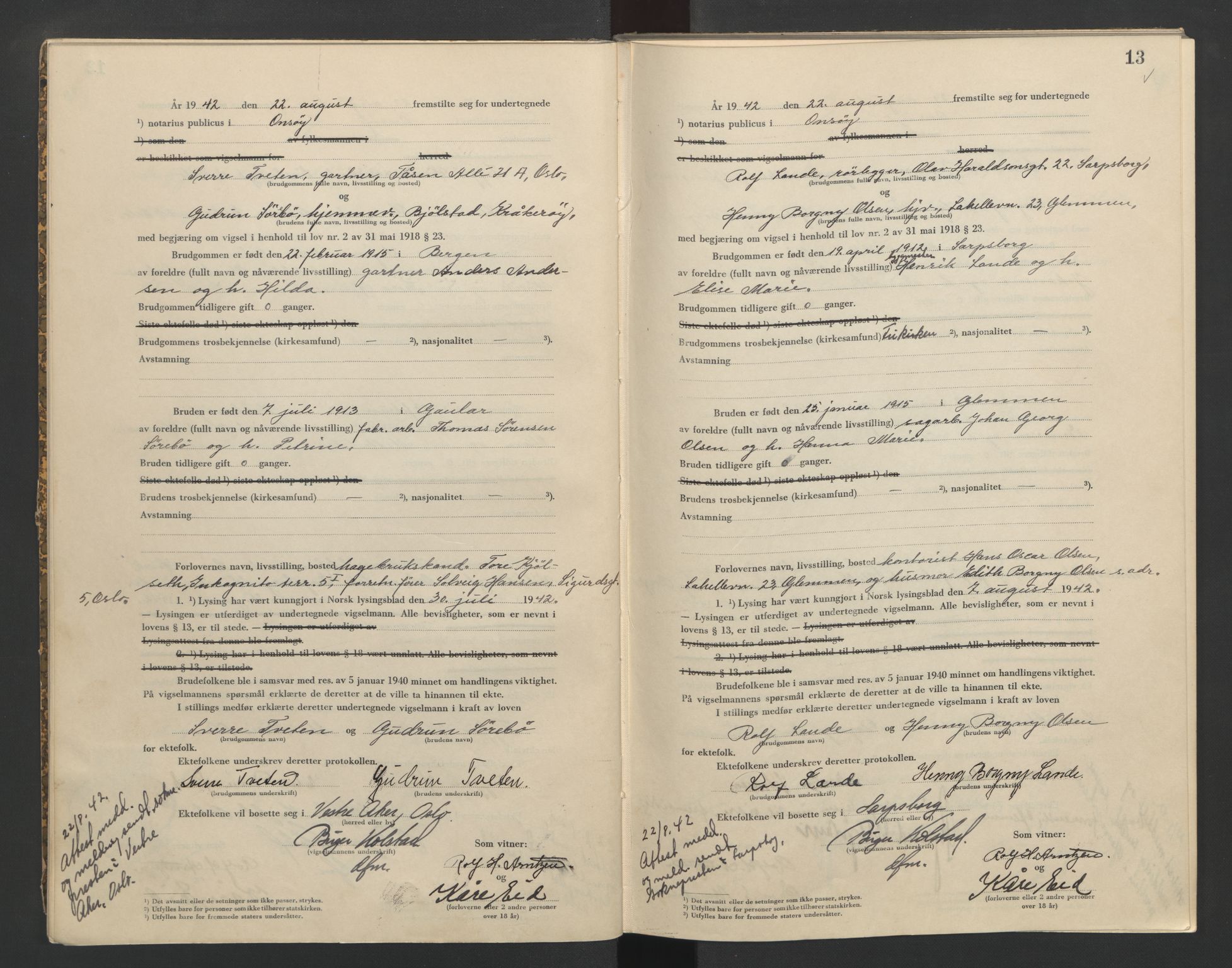 Onsøy sorenskriveri, AV/SAO-A-10474/L/La/L0002: Vigselsbok, 1942-1943, p. 13
