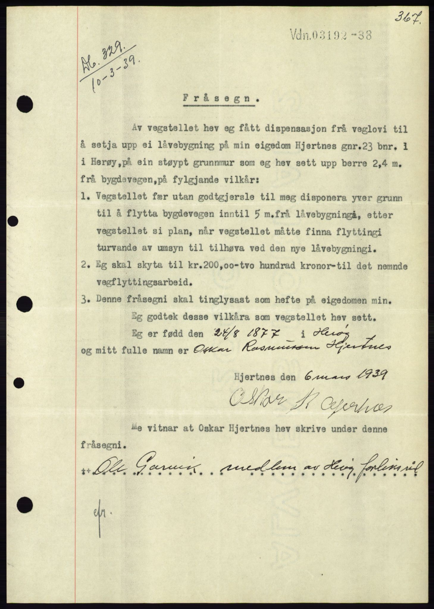 Søre Sunnmøre sorenskriveri, AV/SAT-A-4122/1/2/2C/L0067: Mortgage book no. 61, 1938-1939, Diary no: : 329/1939