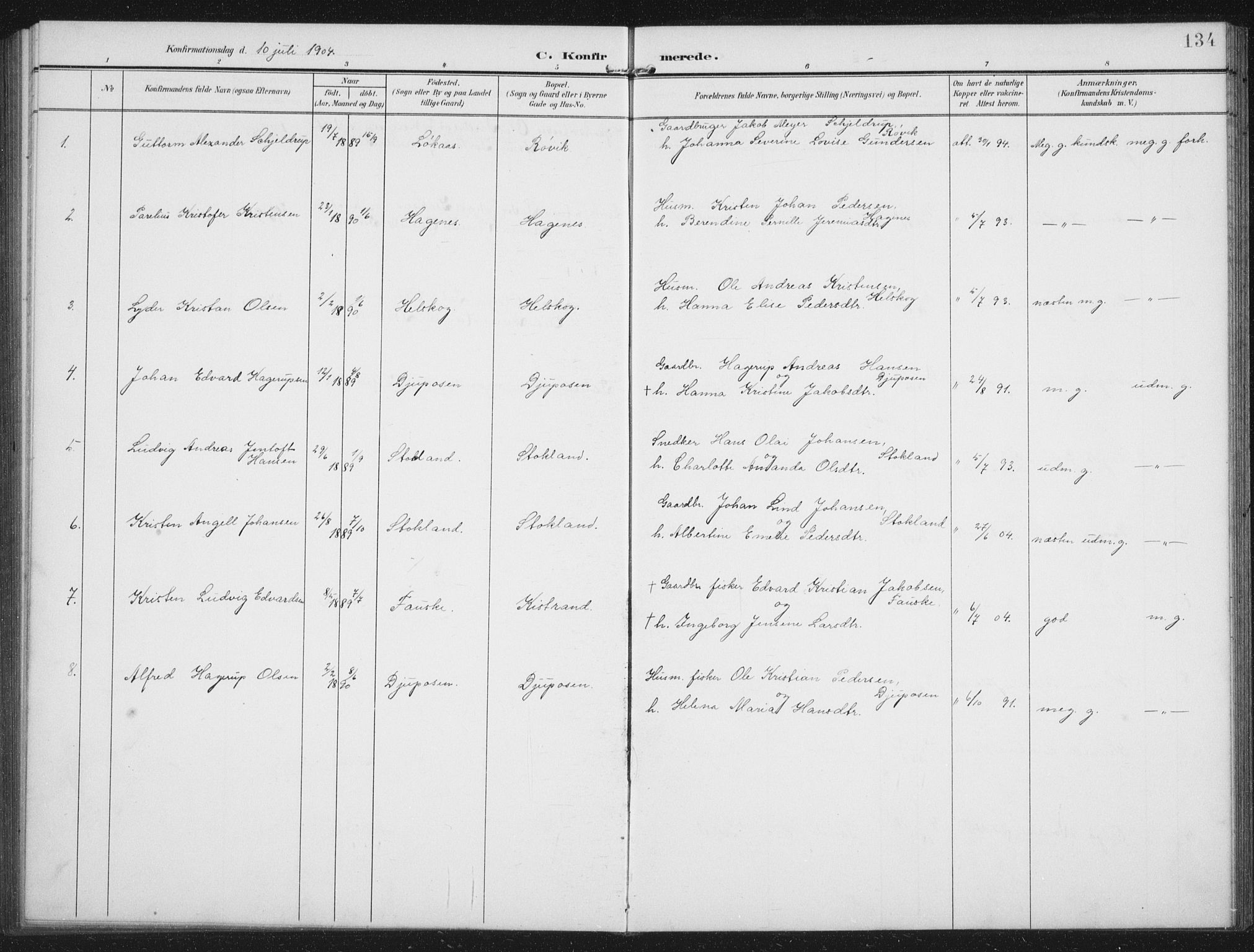 Ministerialprotokoller, klokkerbøker og fødselsregistre - Nordland, AV/SAT-A-1459/851/L0726: Parish register (copy) no. 851C01, 1902-1924, p. 134