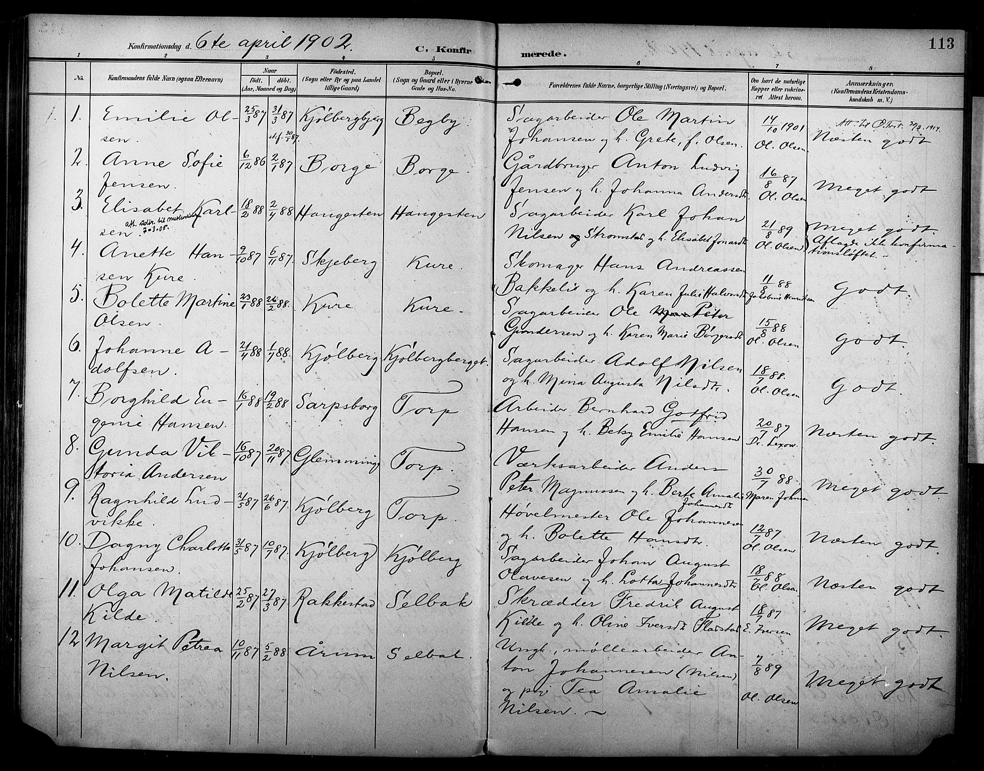 Borge prestekontor Kirkebøker, AV/SAO-A-10903/F/Fa/L0009: Parish register (official) no. I 9, 1902-1911, p. 113