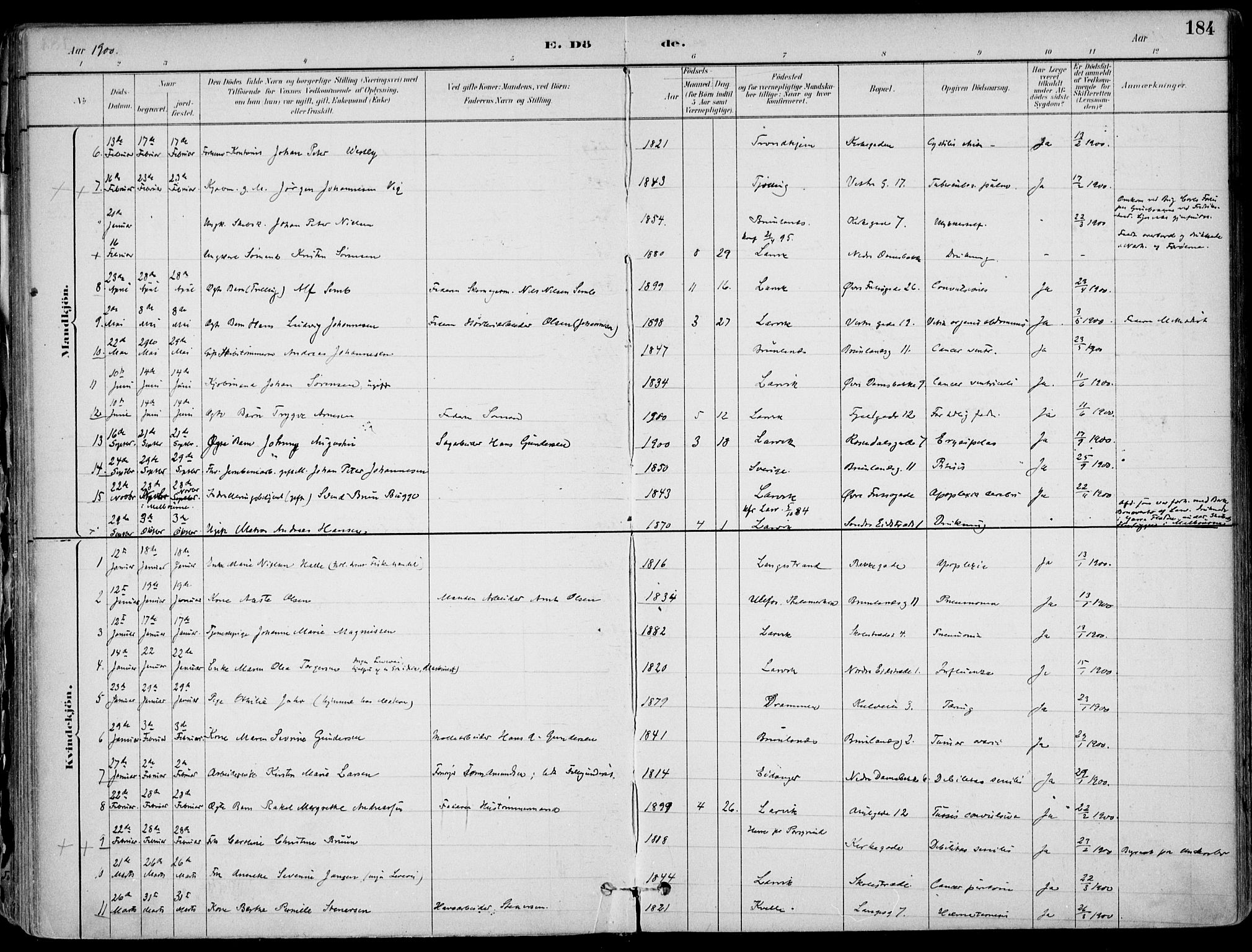 Larvik kirkebøker, AV/SAKO-A-352/F/Fb/L0004: Parish register (official) no. II 4, 1884-1902, p. 184