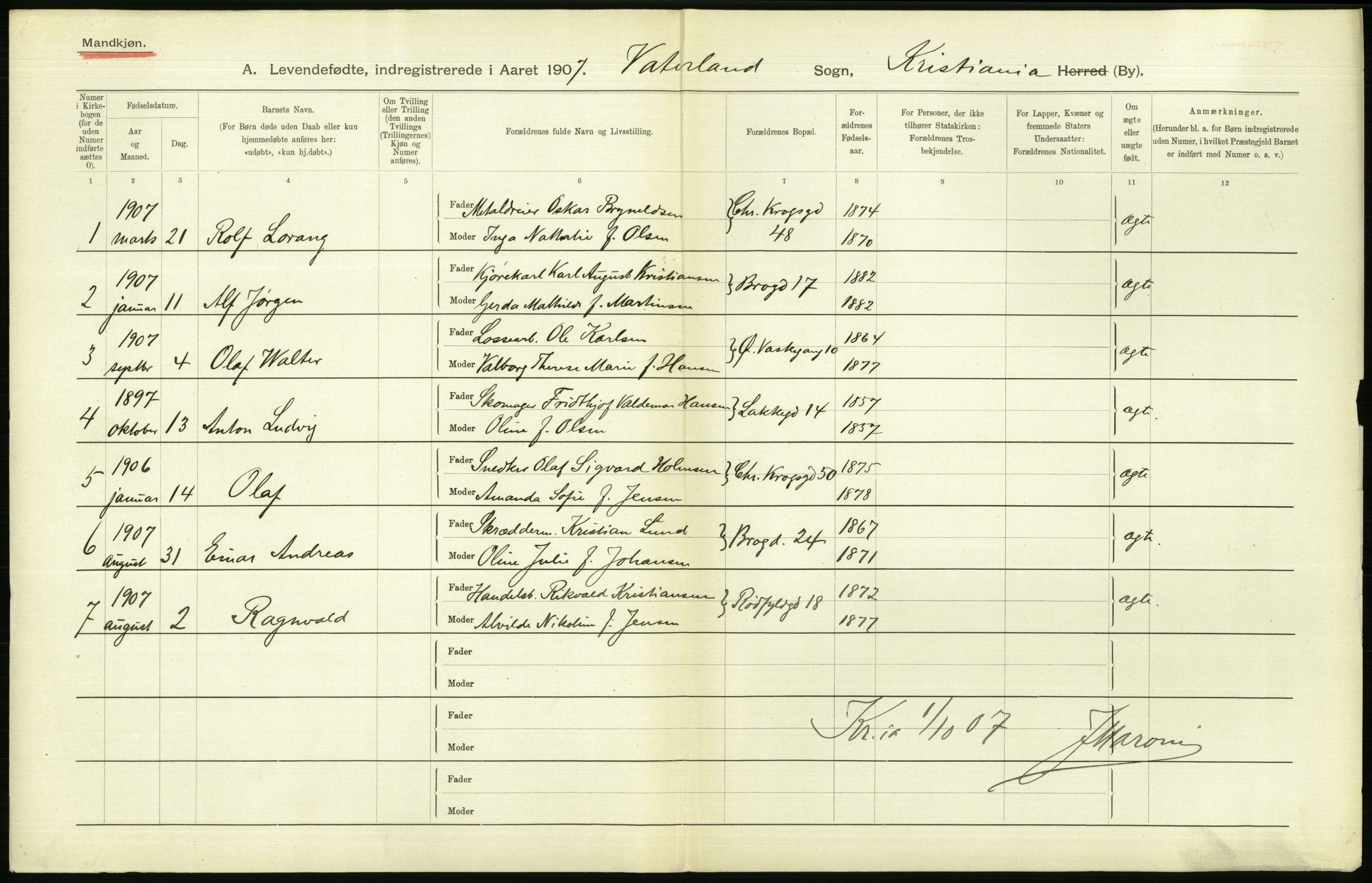 Statistisk sentralbyrå, Sosiodemografiske emner, Befolkning, AV/RA-S-2228/D/Df/Dfa/Dfae/L0007: Kristiania: Levendefødte menn og kvinner., 1907, p. 732