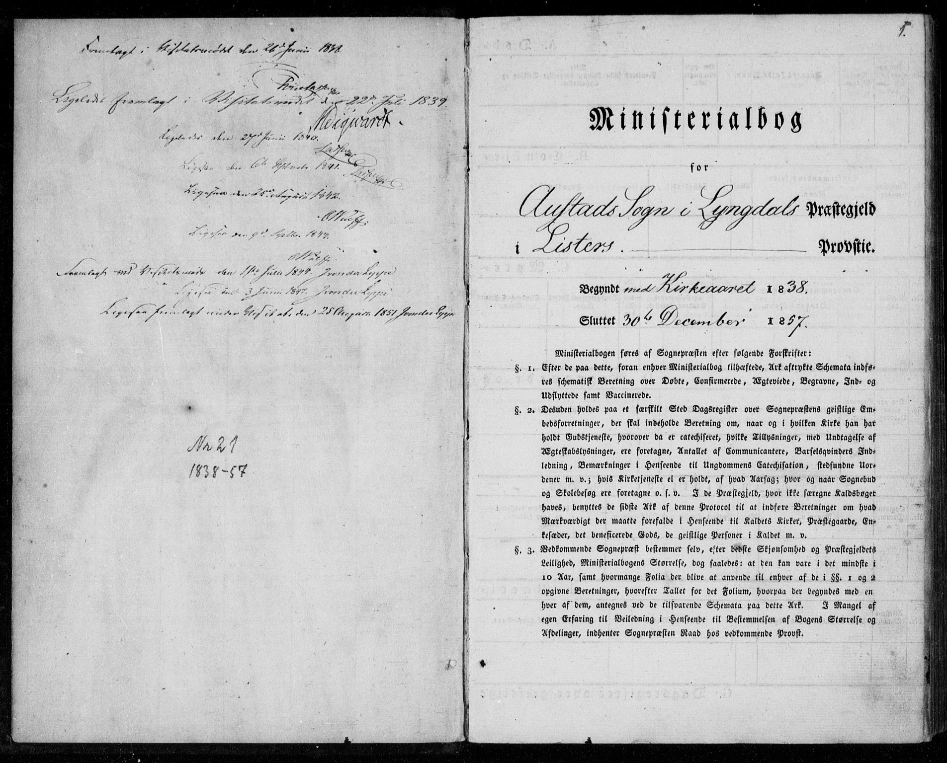 Lyngdal sokneprestkontor, SAK/1111-0029/F/Fa/Faa/L0001: Parish register (official) no. A 1, 1837-1857, p. 1