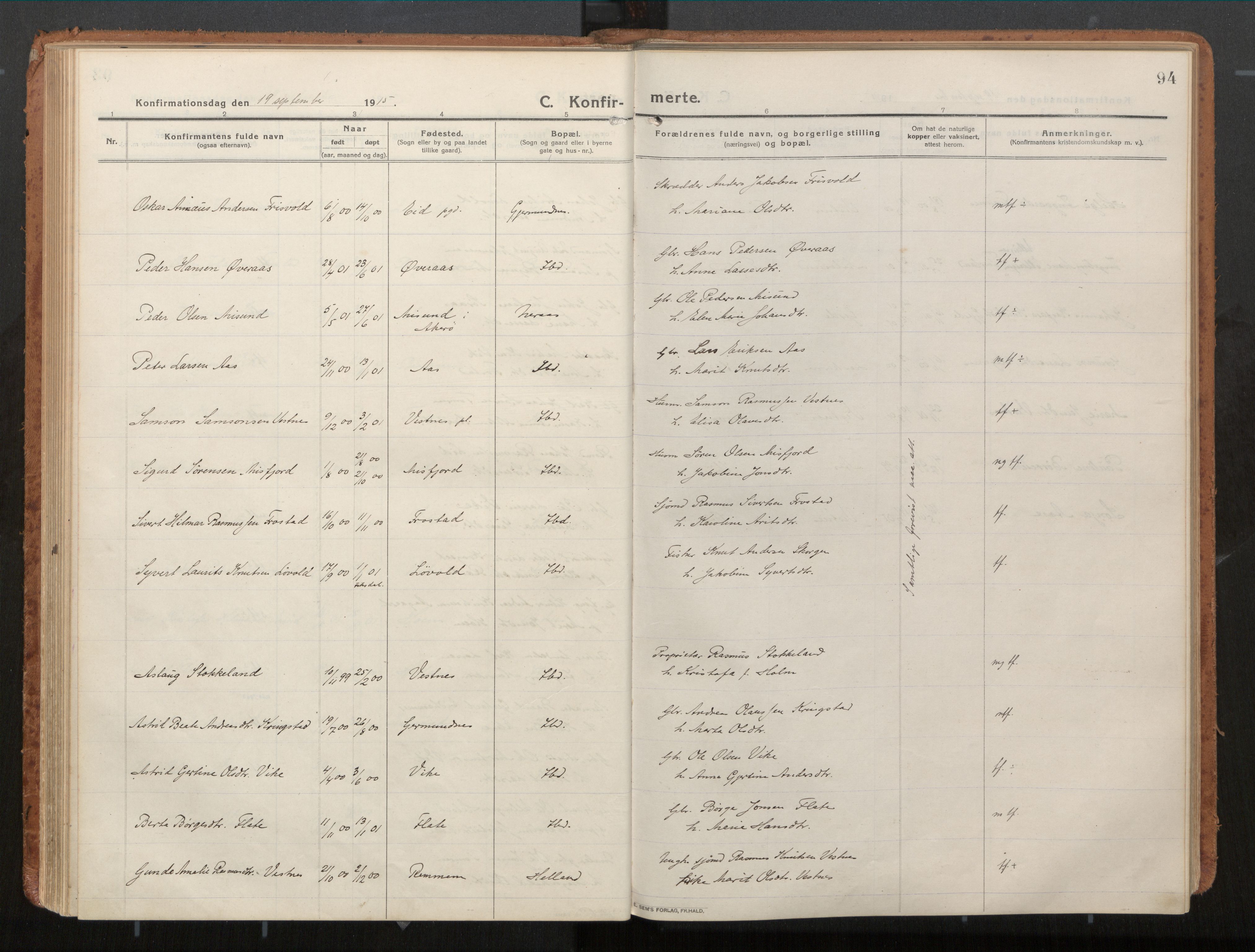 Ministerialprotokoller, klokkerbøker og fødselsregistre - Møre og Romsdal, AV/SAT-A-1454/539/L0534a: Parish register (official) no. 539A08, 1912-1935, p. 94