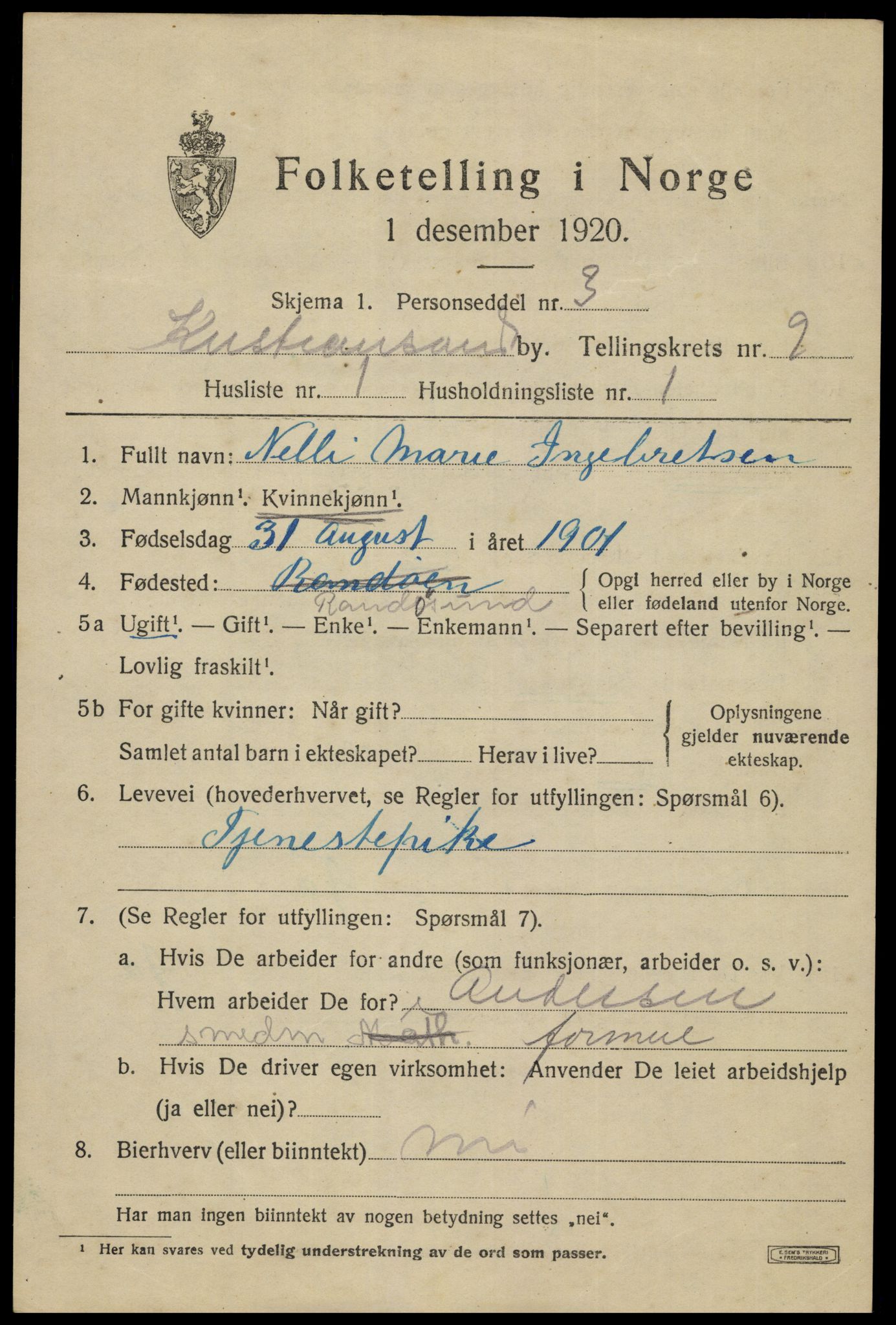 SAK, 1920 census for Kristiansand, 1920, p. 22507