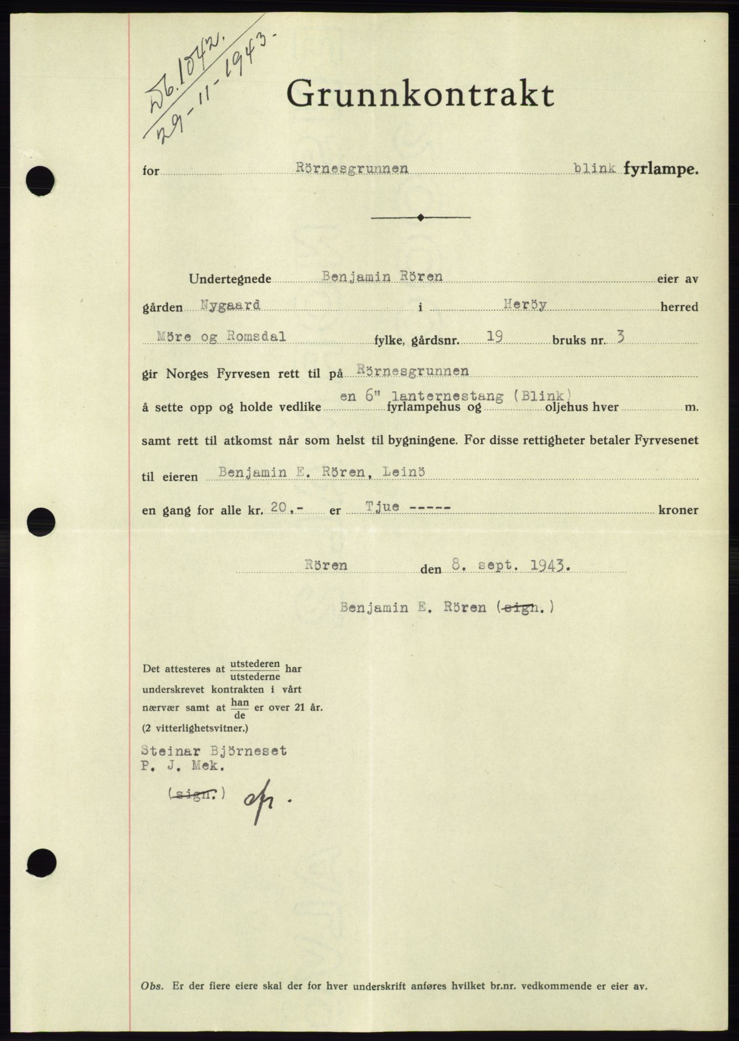 Søre Sunnmøre sorenskriveri, AV/SAT-A-4122/1/2/2C/L0075: Mortgage book no. 1A, 1943-1943, Diary no: : 1042/1943