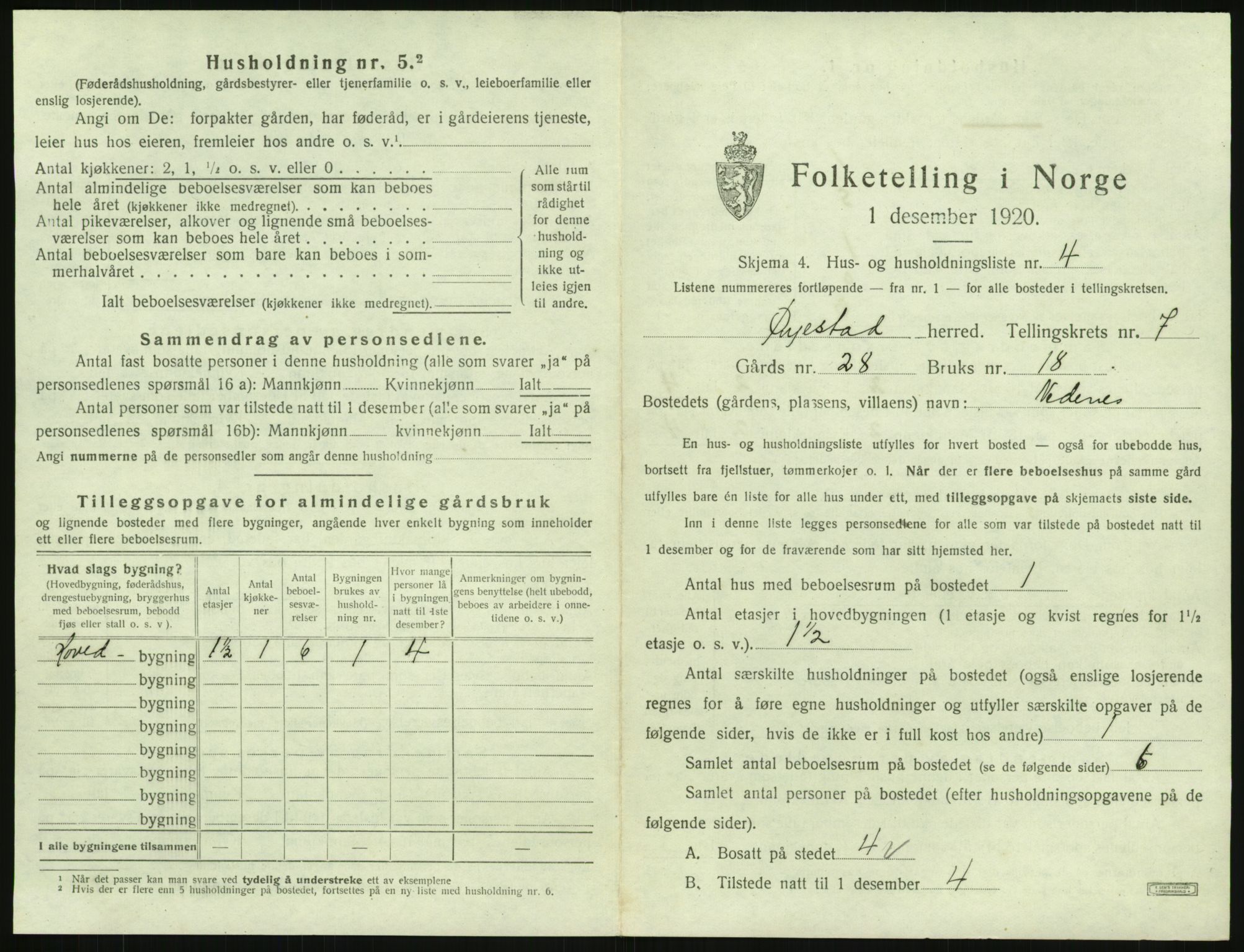 SAK, 1920 census for Øyestad, 1920, p. 646