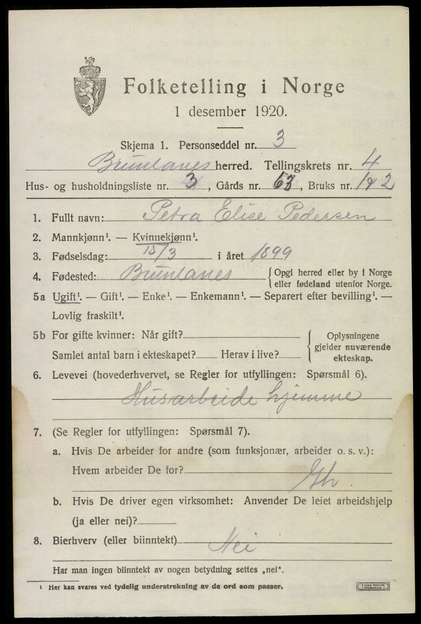 SAKO, 1920 census for Brunlanes, 1920, p. 6145