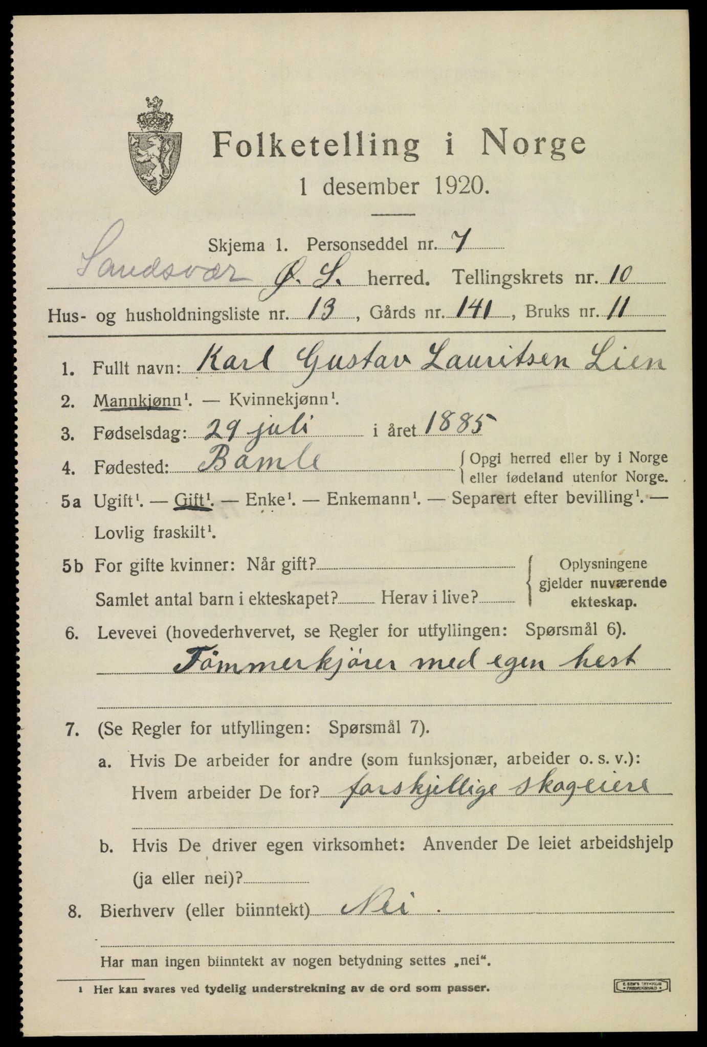 SAKO, 1920 census for Øvre Sandsvær, 1920, p. 5694