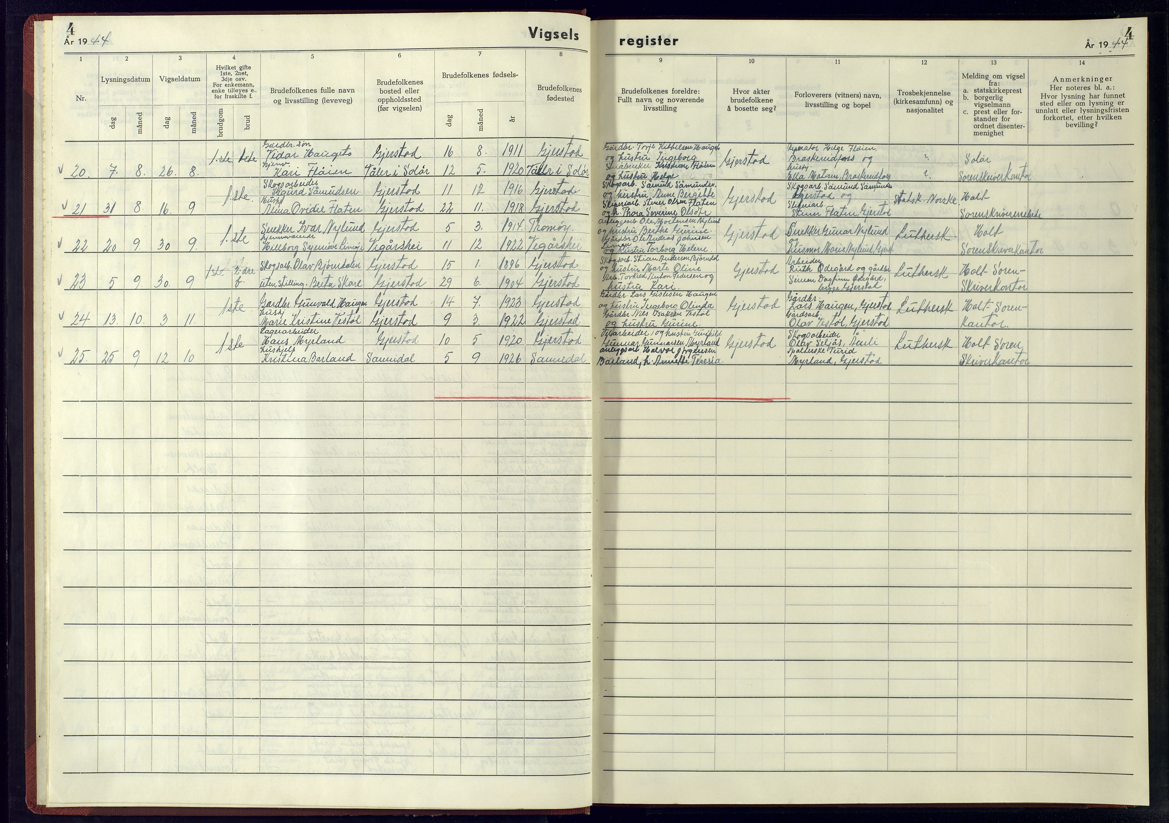 Gjerstad sokneprestkontor, AV/SAK-1111-0014/J/Je/L0003: Marriage register no. A-VI-5, 1942-1945, p. 4