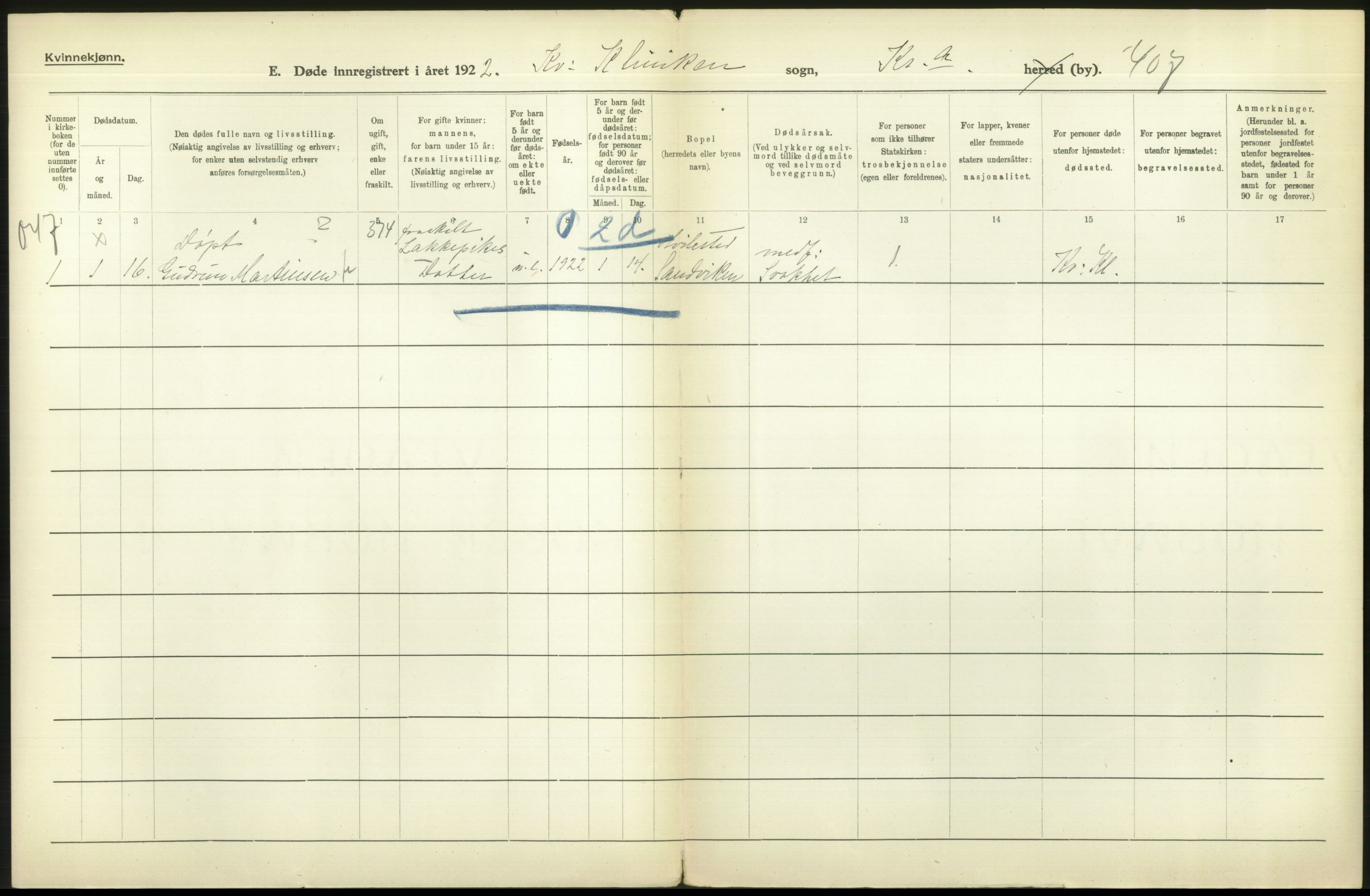 Statistisk sentralbyrå, Sosiodemografiske emner, Befolkning, AV/RA-S-2228/D/Df/Dfc/Dfcb/L0010: Kristiania: Døde, dødfødte, 1922, p. 610