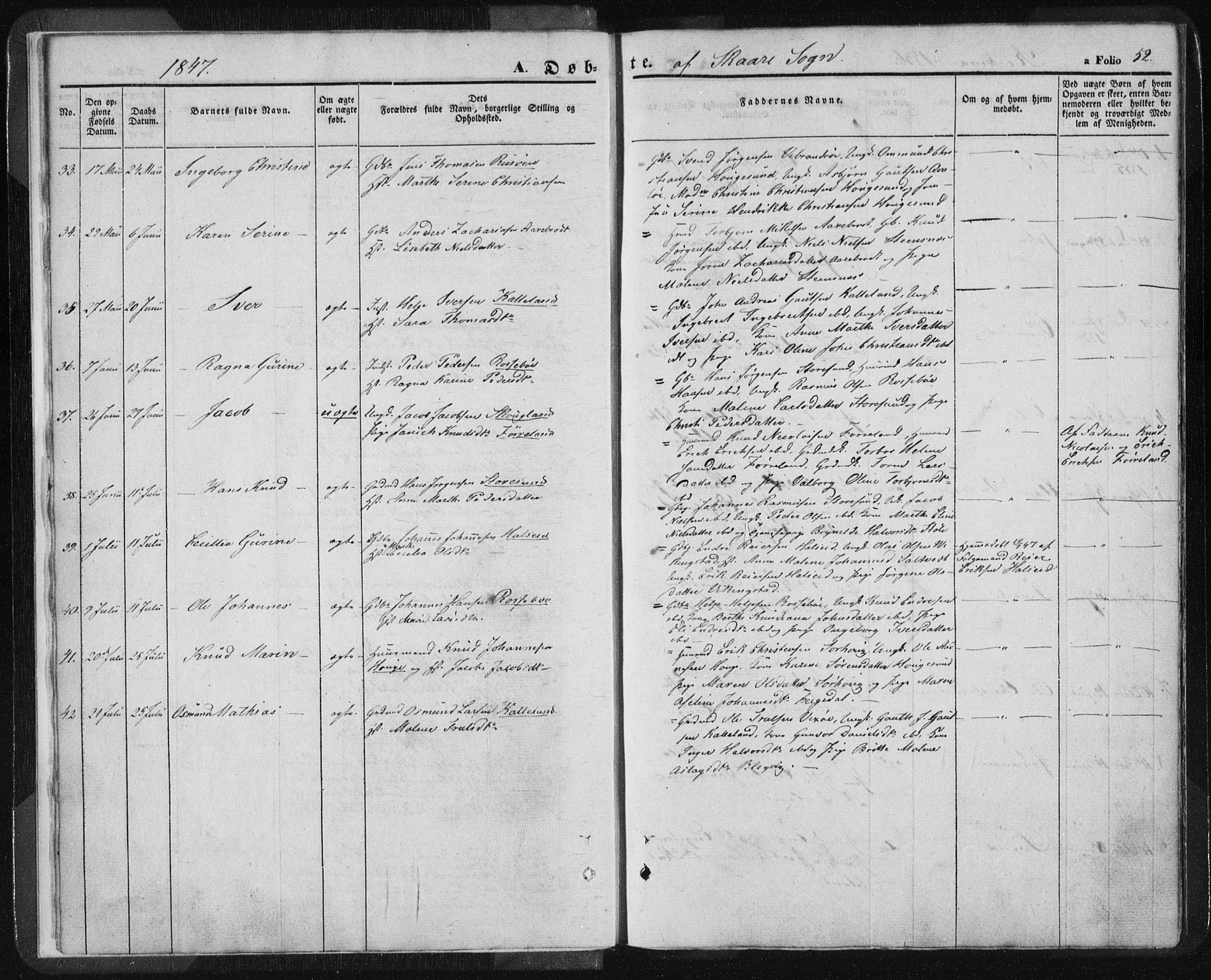 Torvastad sokneprestkontor, SAST/A -101857/H/Ha/Haa/L0006: Parish register (official) no. A 6, 1836-1847, p. 52