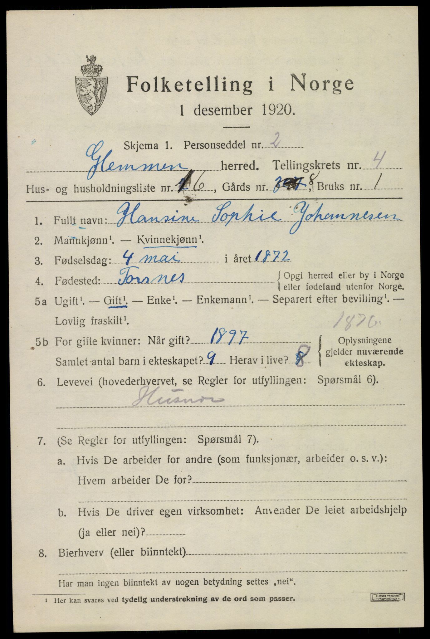 SAO, 1920 census for Glemmen, 1920, p. 15355