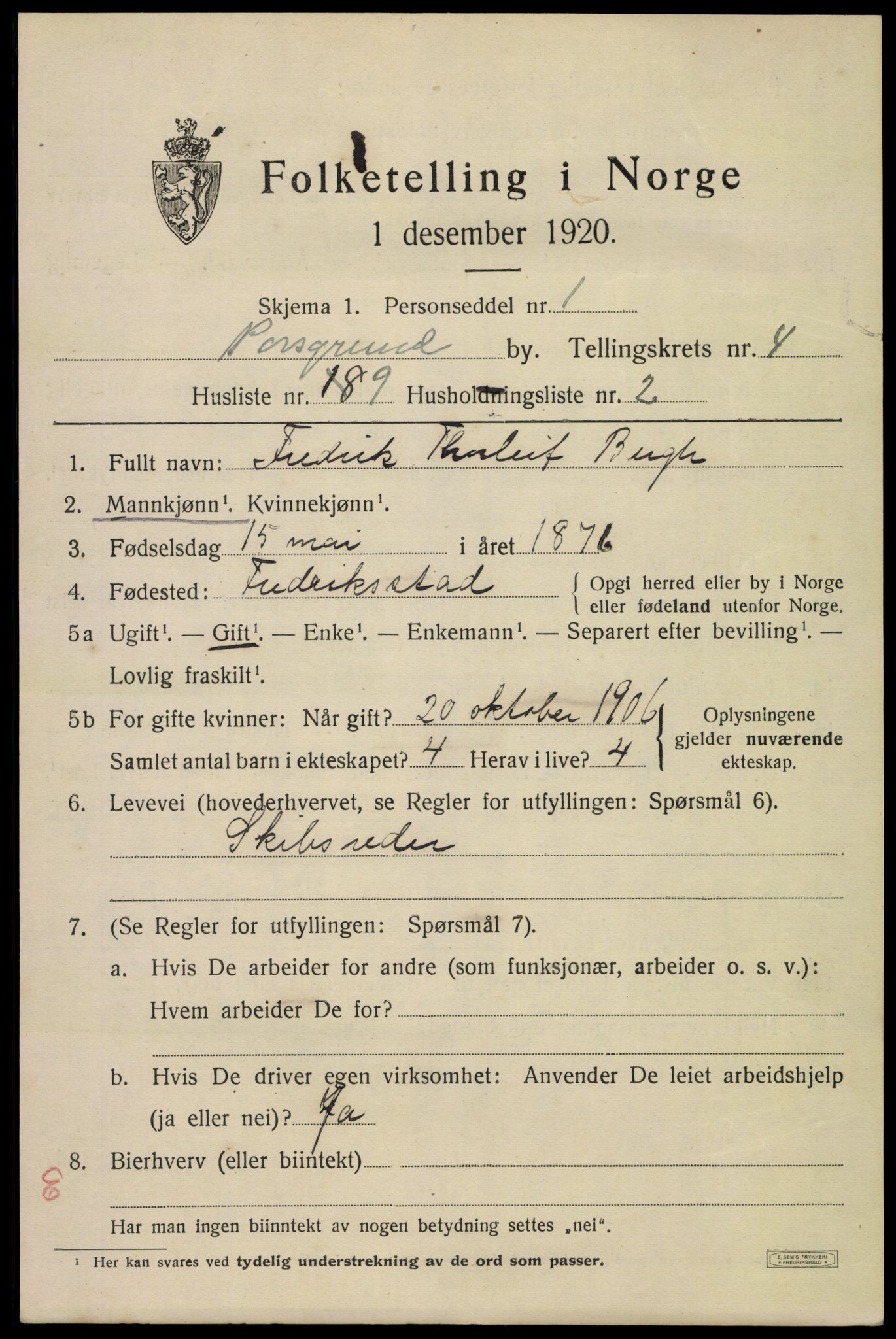 SAKO, 1920 census for Porsgrunn, 1920, p. 18943