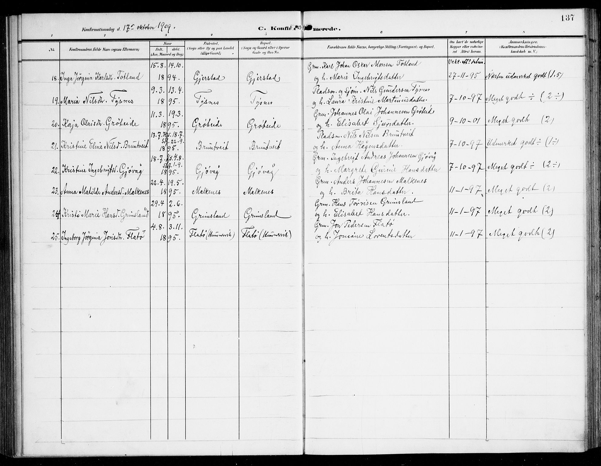 Tysnes sokneprestembete, SAB/A-78601/H/Haa: Parish register (official) no. B 2, 1907-1925, p. 137