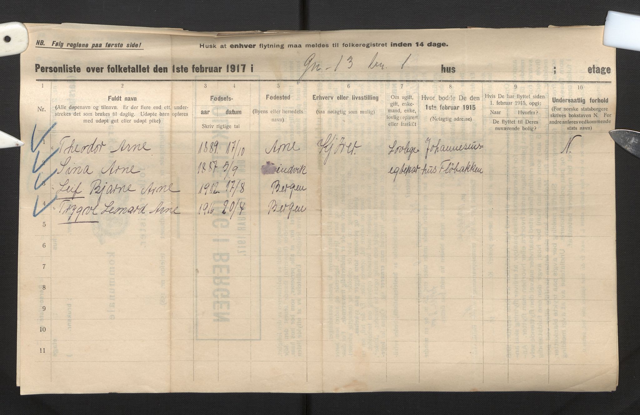 SAB, Municipal Census 1917 for Bergen, 1917, p. 52318