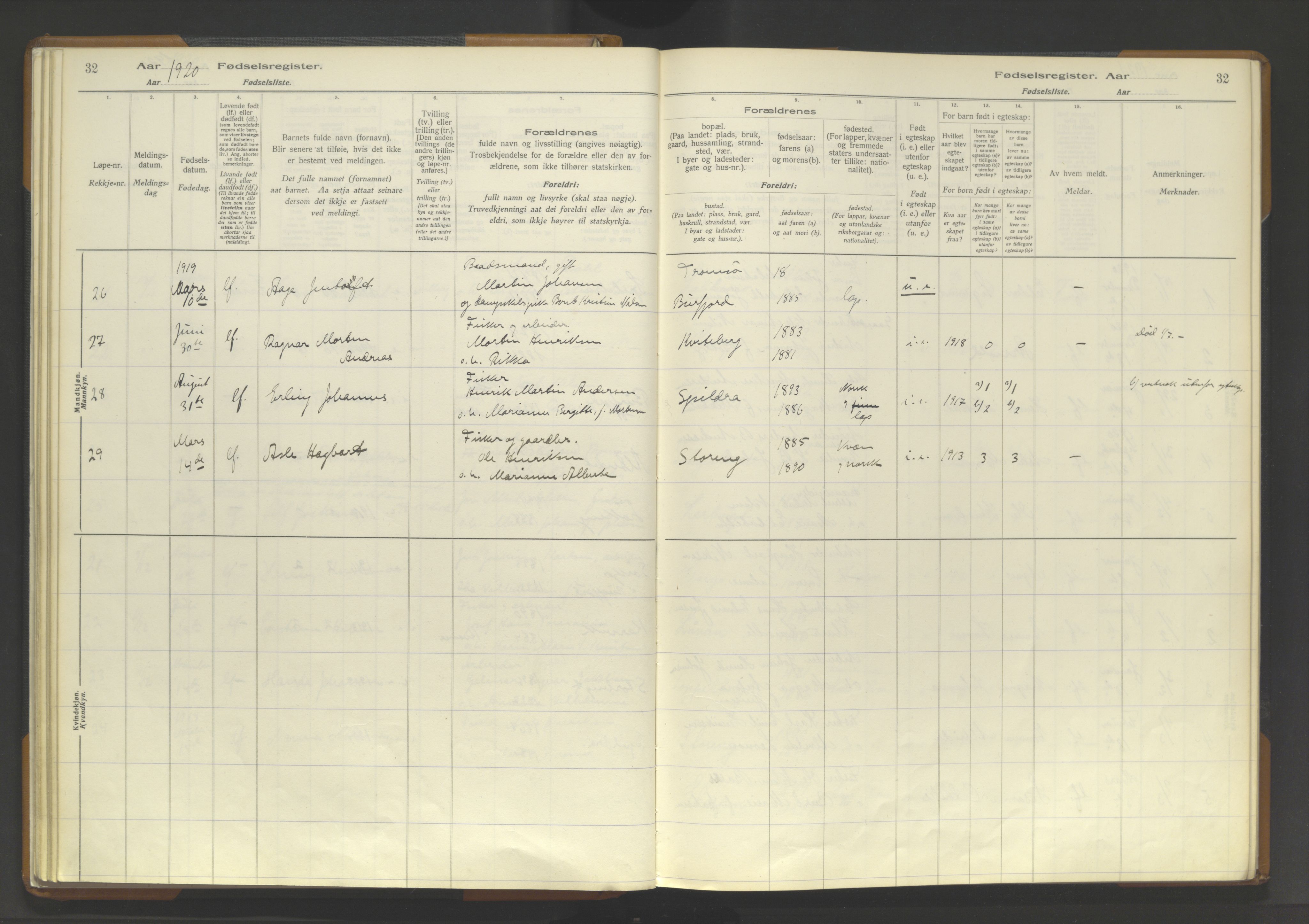 Skjervøy sokneprestkontor, SATØ/S-1300/I/Ia/L0062: Birth register no. 62, 1916-1950, p. 32