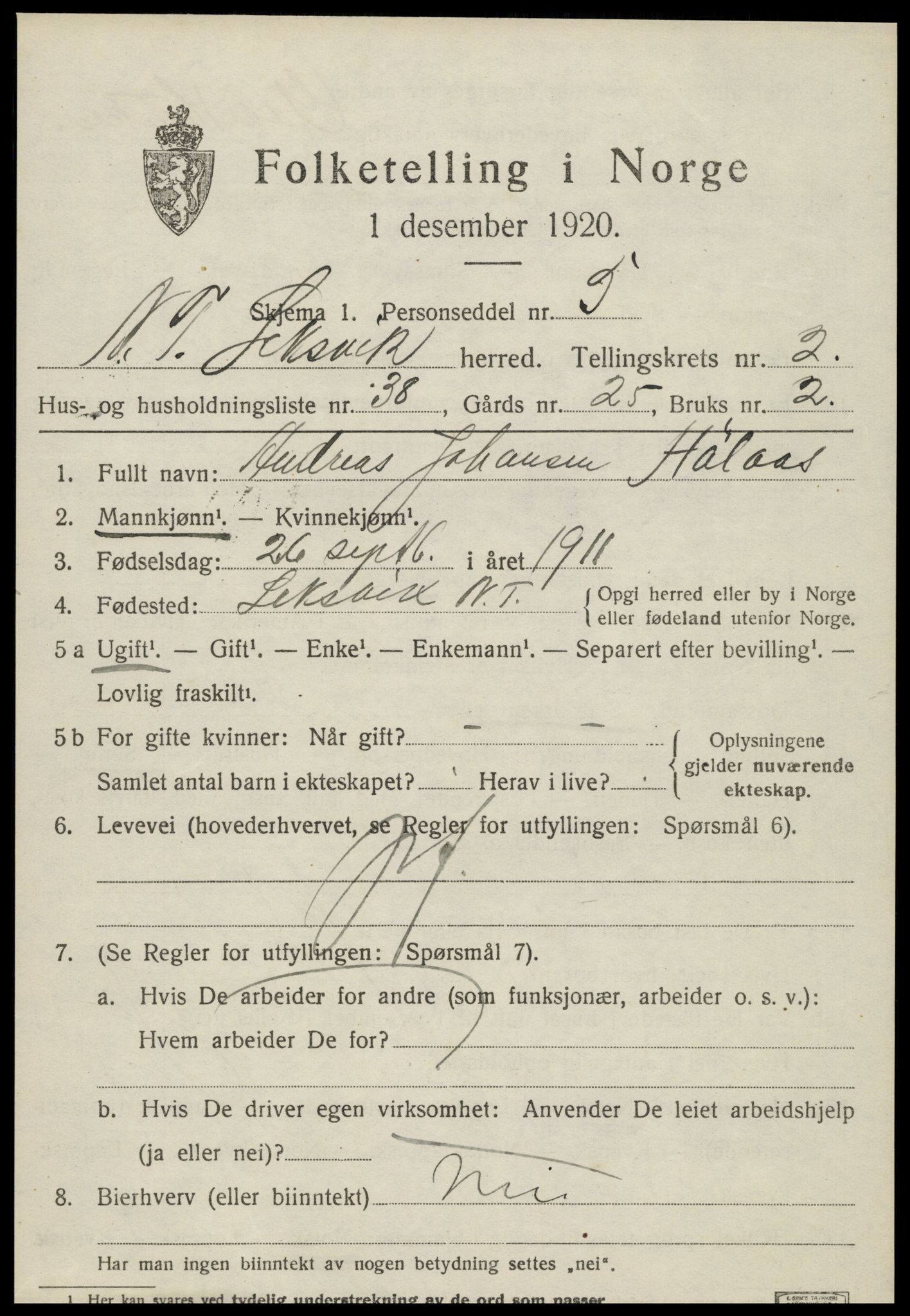 SAT, 1920 census for Leksvik, 1920, p. 2196