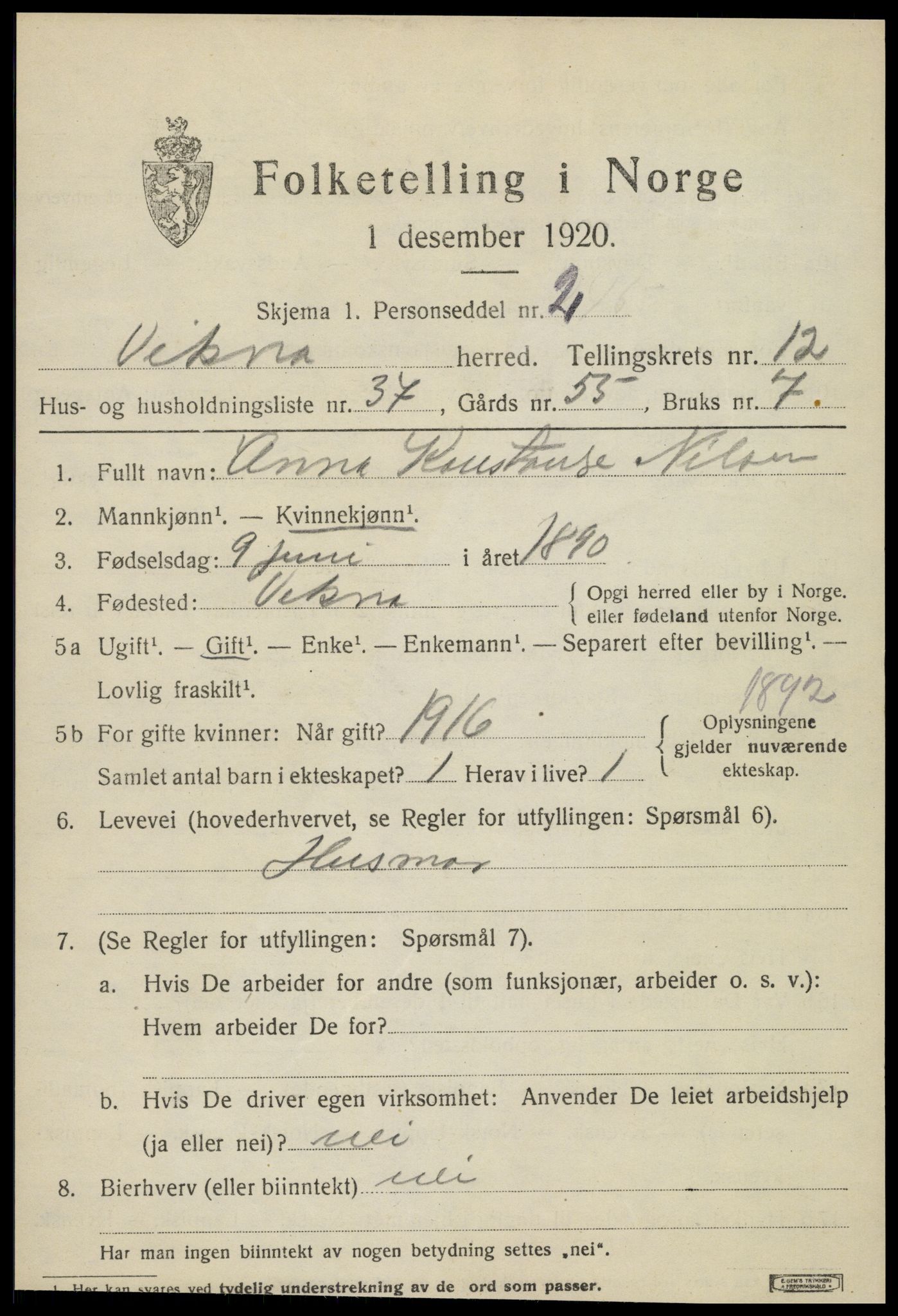 SAT, 1920 census for Vikna, 1920, p. 8209