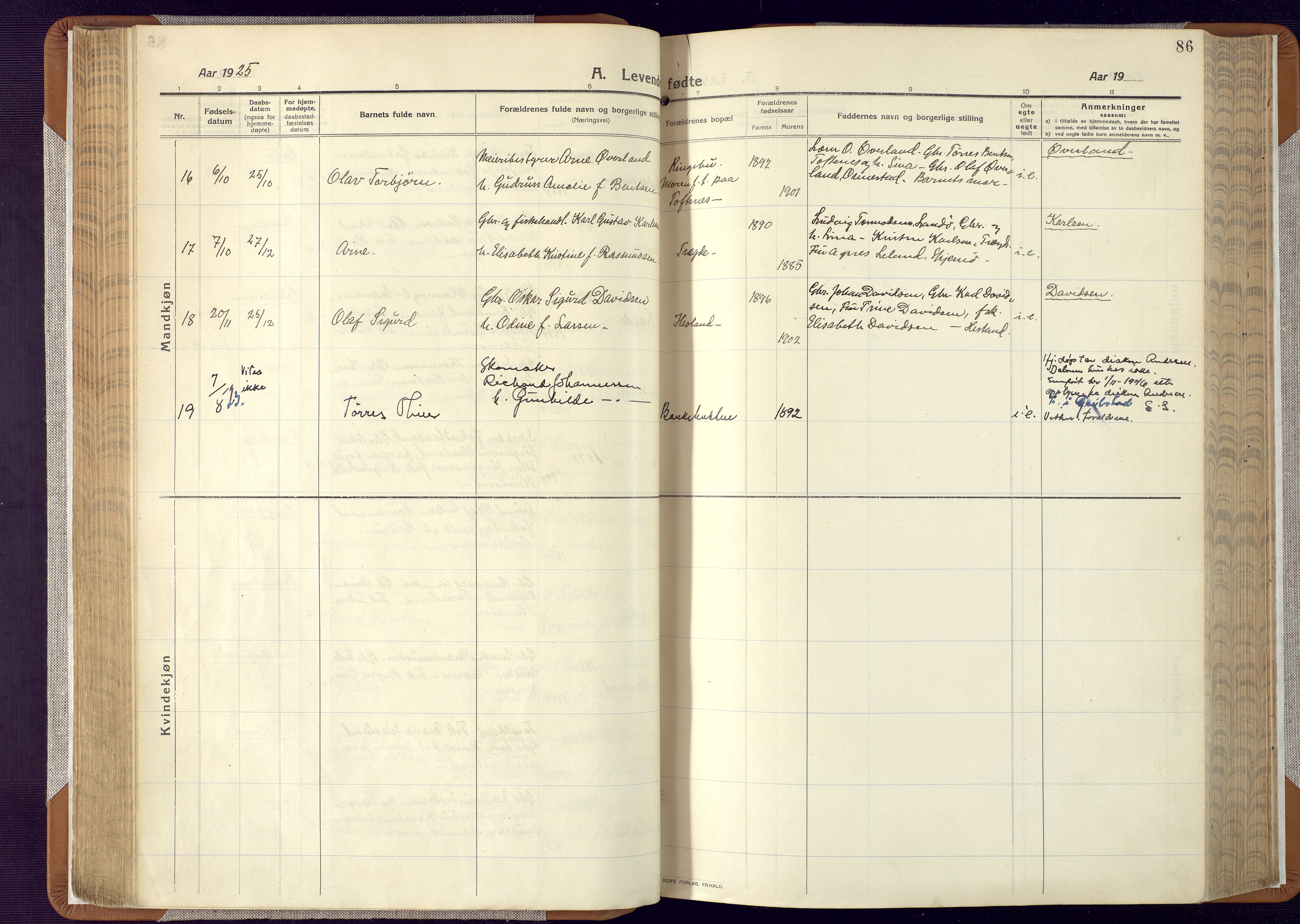 Mandal sokneprestkontor, AV/SAK-1111-0030/F/Fa/Faa/L0022: Parish register (official) no. A 22, 1913-1925, p. 86