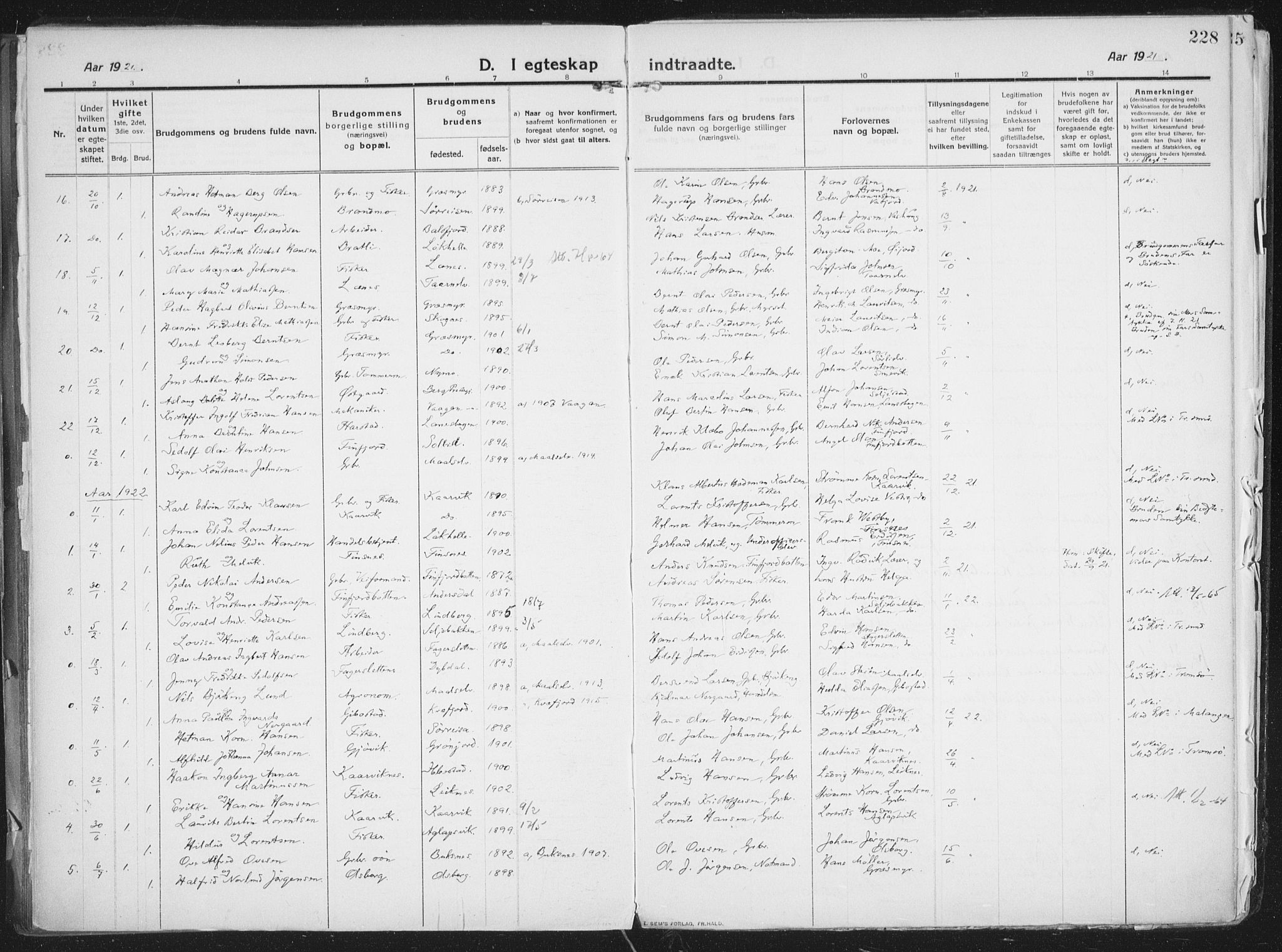 Lenvik sokneprestembete, SATØ/S-1310/H/Ha/Haa/L0016kirke: Parish register (official) no. 16, 1910-1924, p. 228