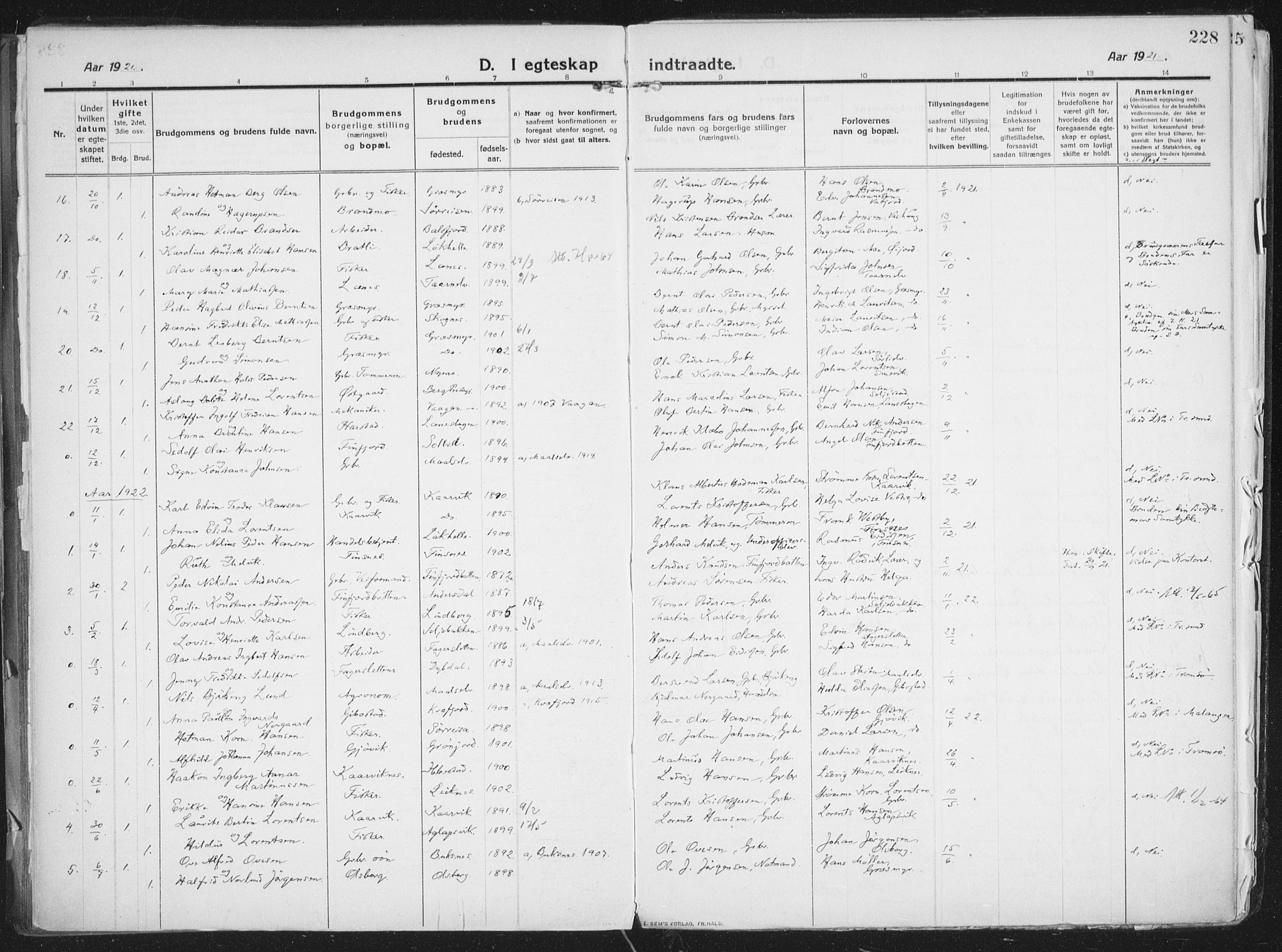 Lenvik sokneprestembete, AV/SATØ-S-1310/H/Ha/Haa/L0016kirke: Parish register (official) no. 16, 1910-1924, p. 228