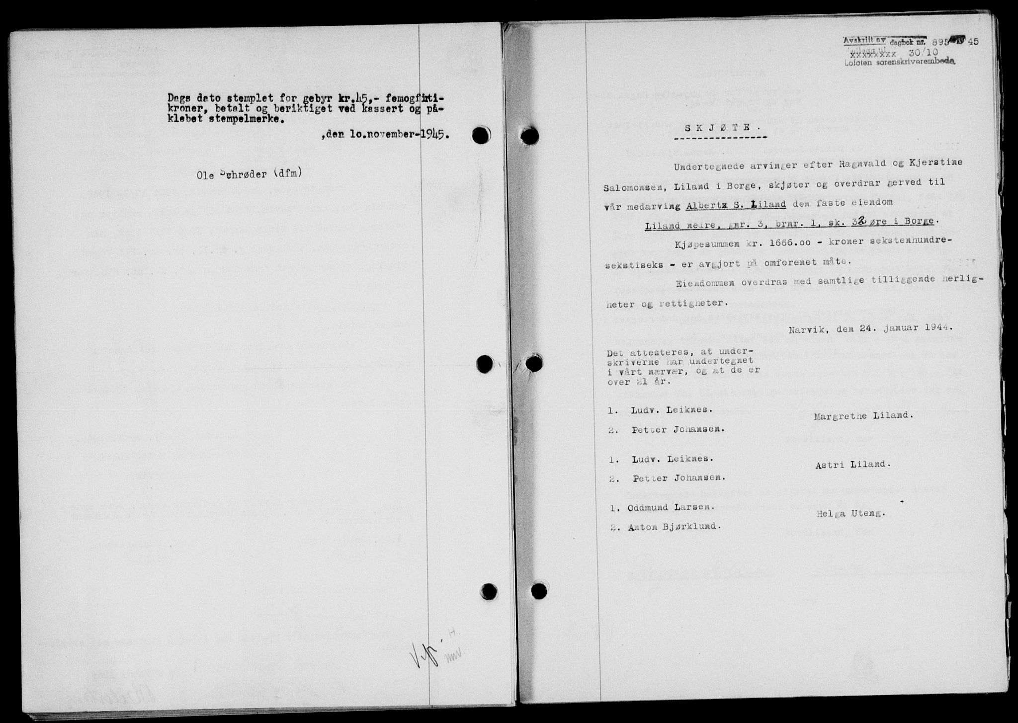 Lofoten sorenskriveri, SAT/A-0017/1/2/2C/L0013a: Mortgage book no. 13a, 1944-1946, Diary no: : 895/1945