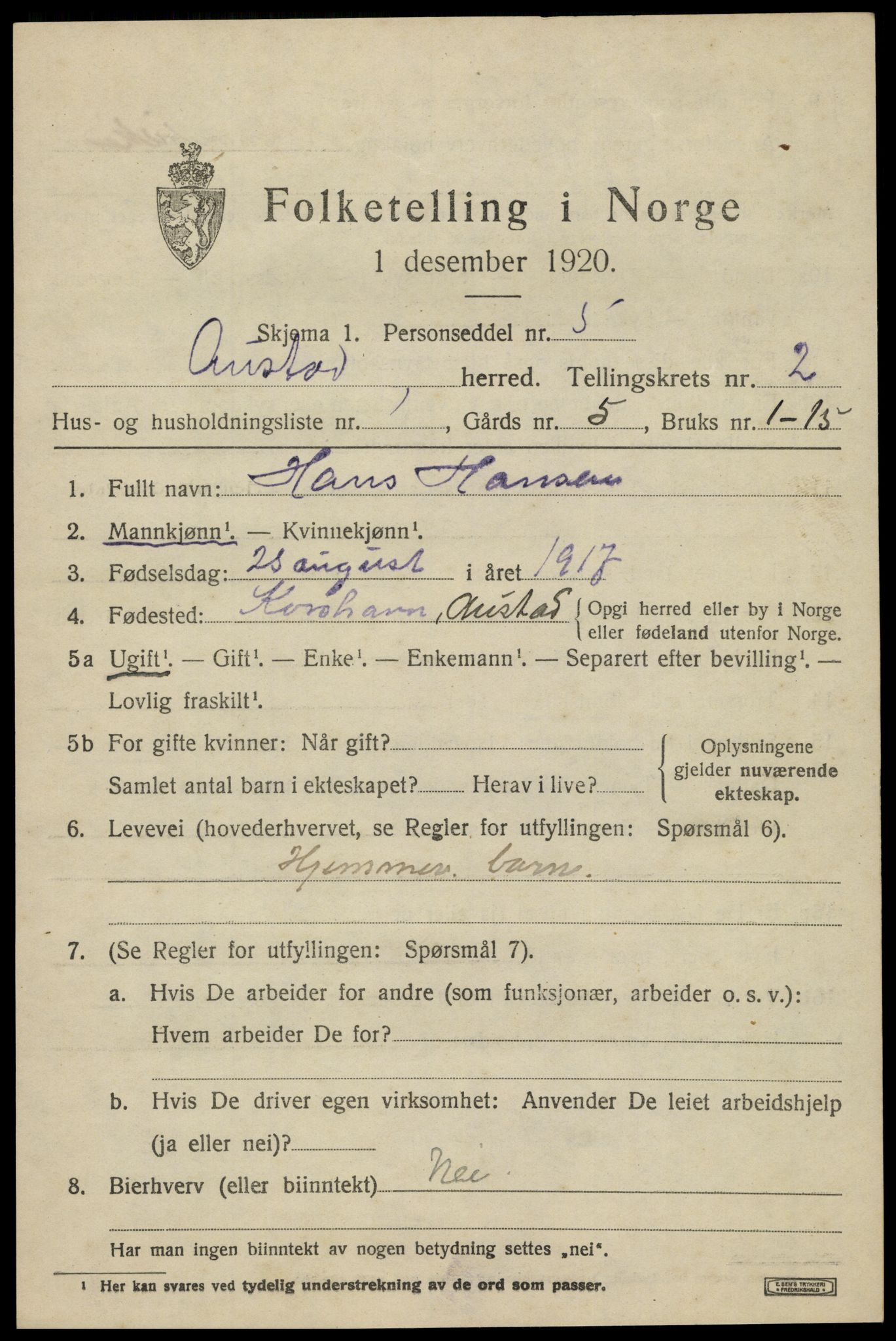 SAK, 1920 census for Austad, 1920, p. 735