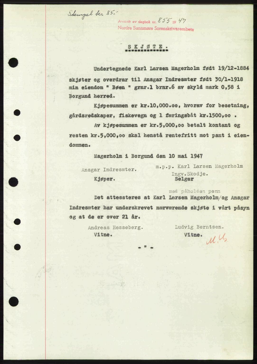 Nordre Sunnmøre sorenskriveri, AV/SAT-A-0006/1/2/2C/2Ca: Mortgage book no. A24, 1947-1947, Diary no: : 855/1947