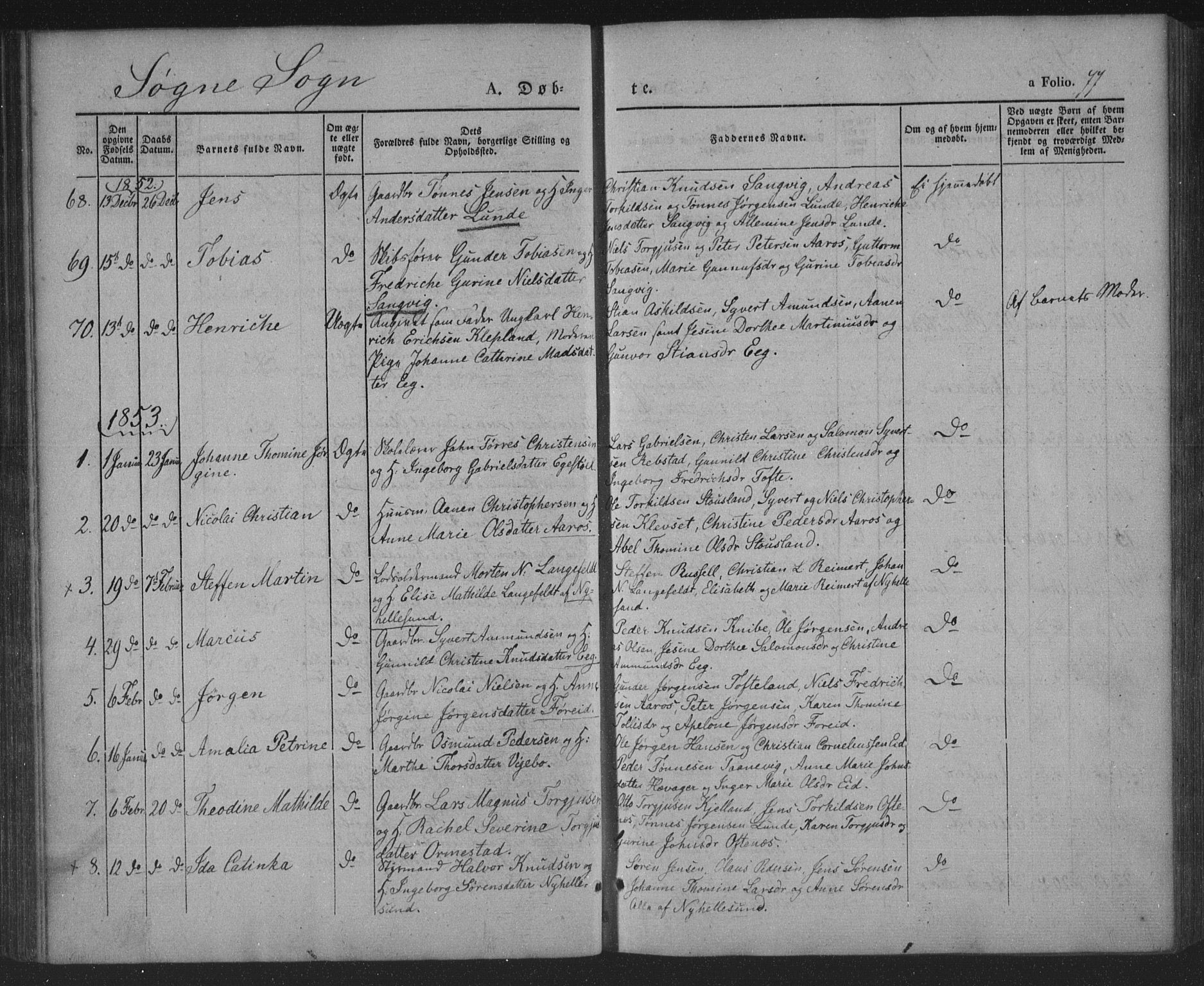 Søgne sokneprestkontor, AV/SAK-1111-0037/F/Fa/Fab/L0009: Parish register (official) no. A 9, 1838-1853, p. 77