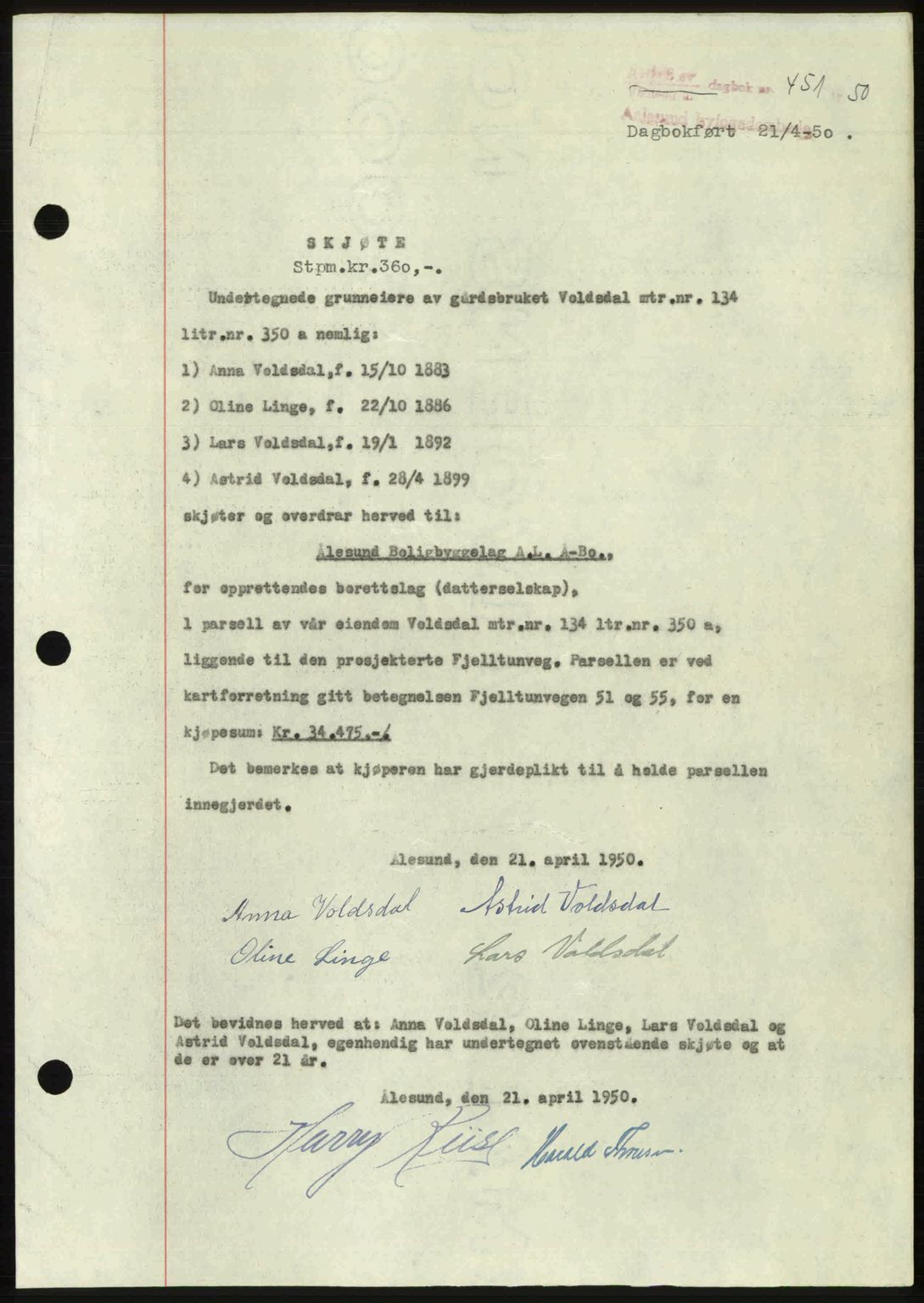 Ålesund byfogd, AV/SAT-A-4384: Mortgage book no. 37A (2), 1949-1950, Diary no: : 451/1950