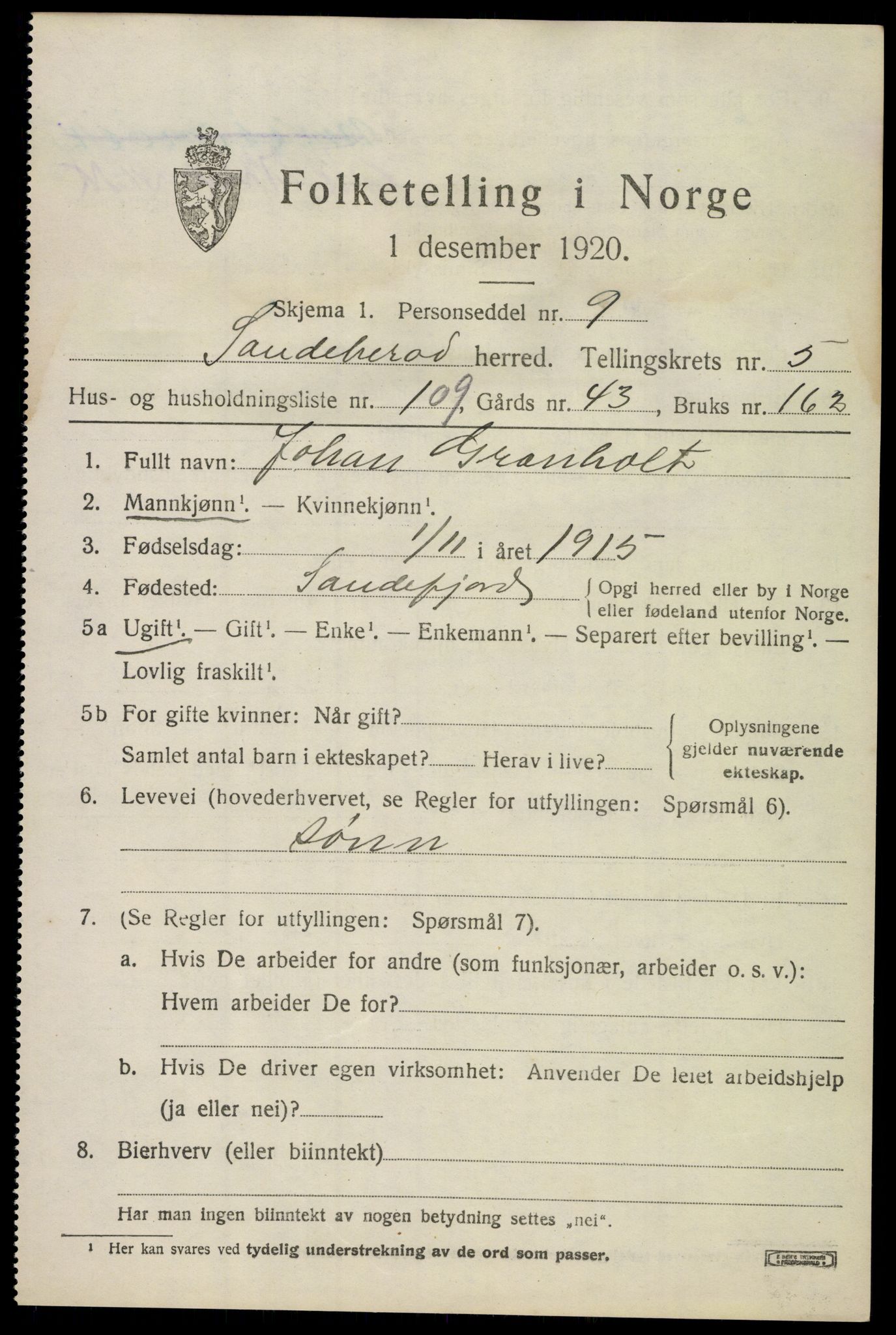 SAKO, 1920 census for Sandeherred, 1920, p. 9536