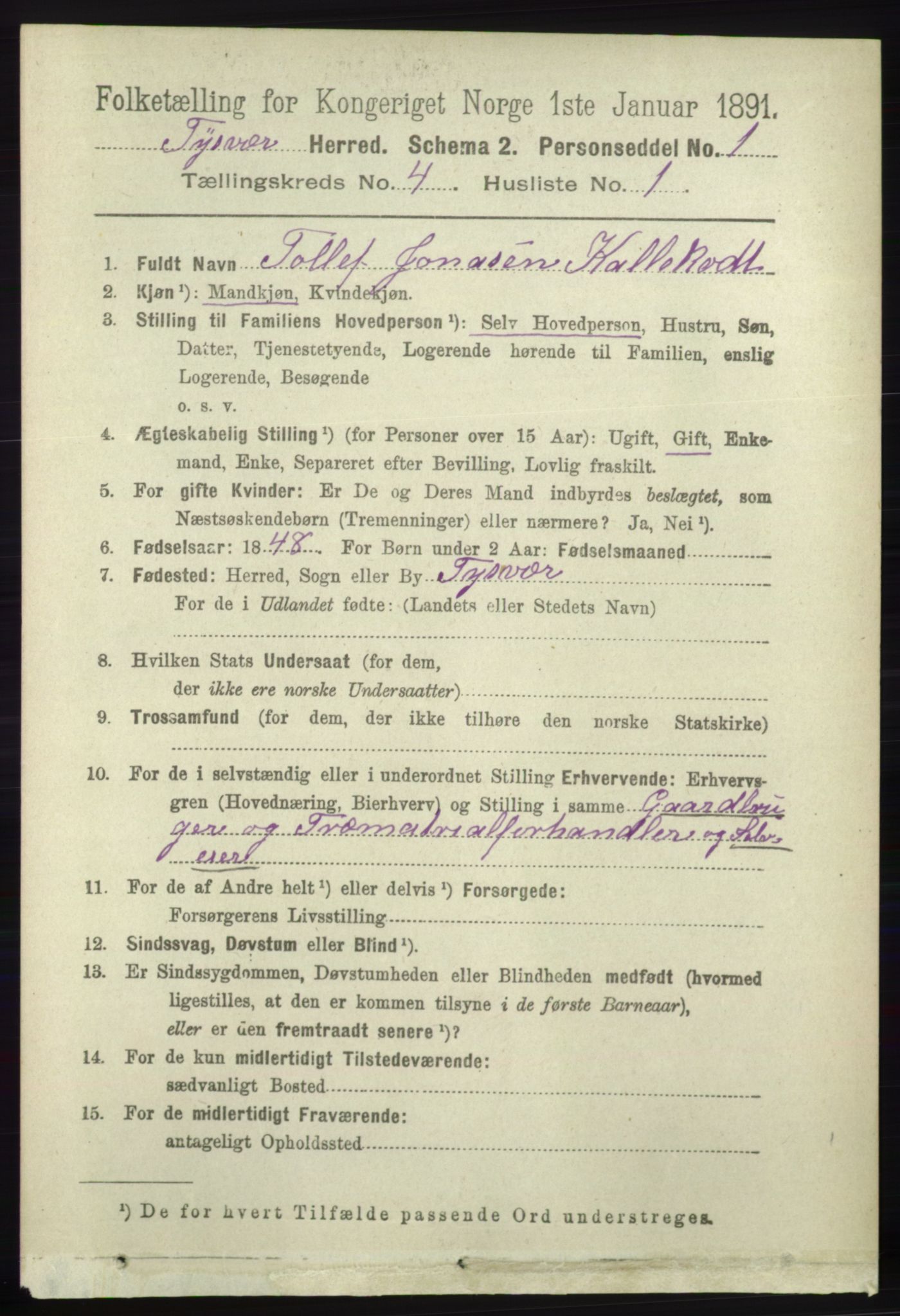 RA, 1891 census for 1146 Tysvær, 1891, p. 1511