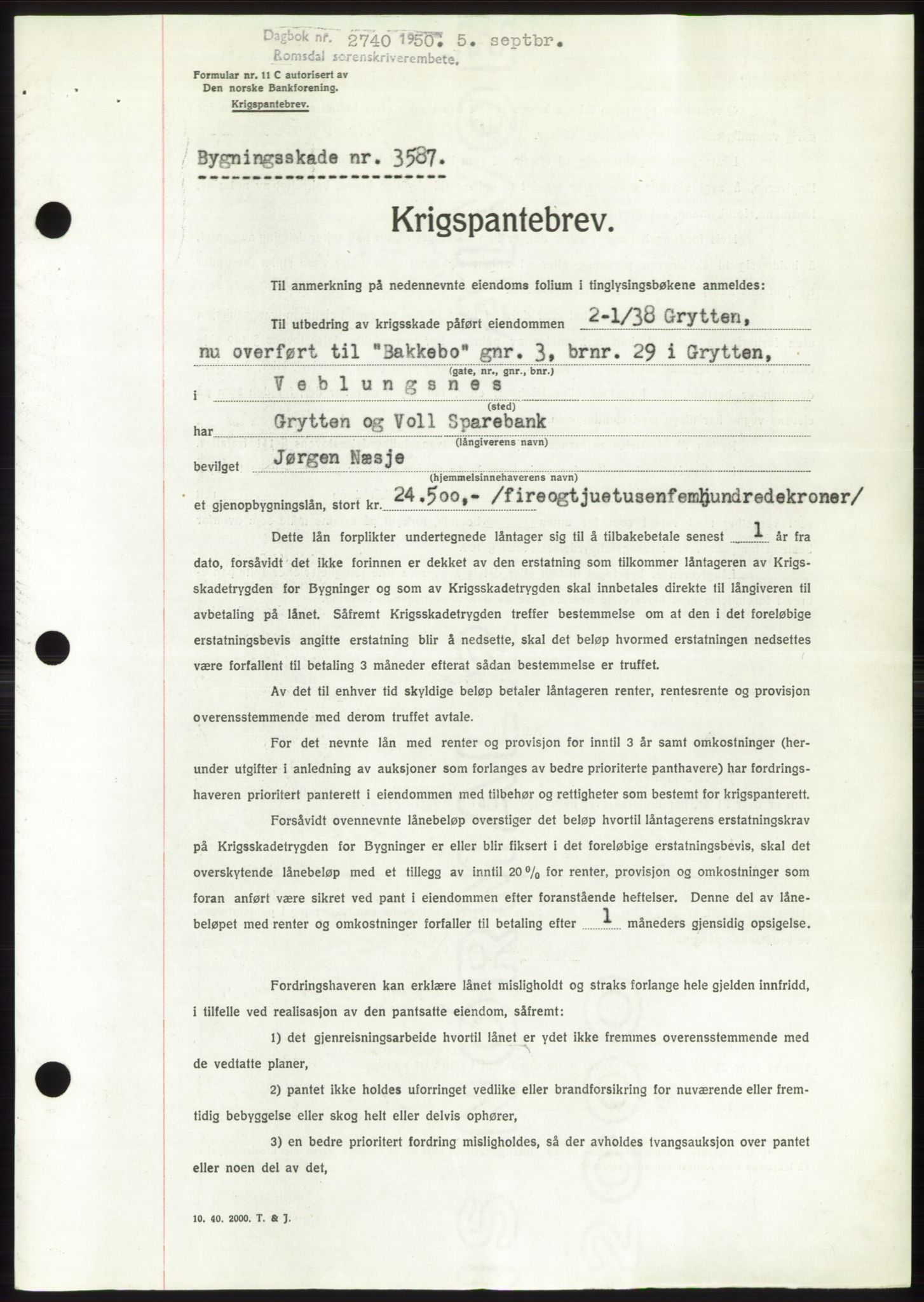 Romsdal sorenskriveri, AV/SAT-A-4149/1/2/2C: Mortgage book no. B5, 1949-1950, Diary no: : 2740/1950